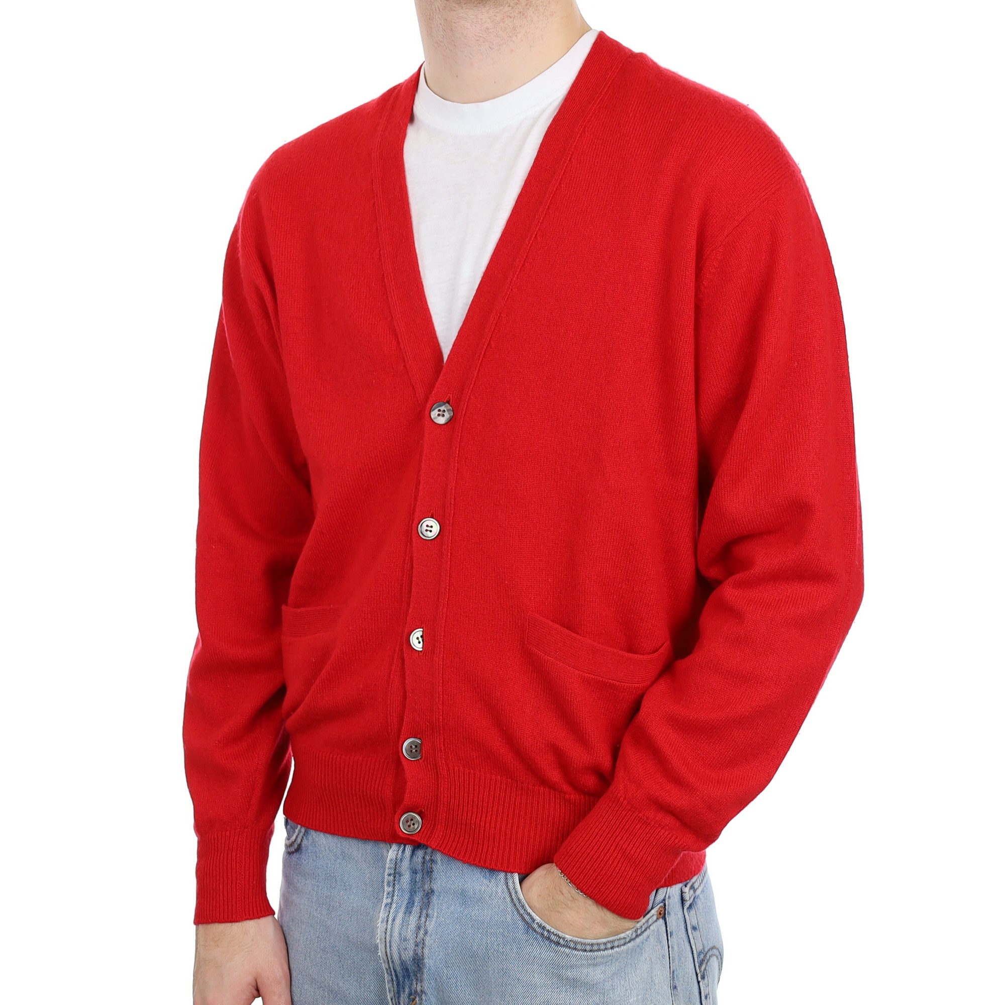 Men's Scarlets Red Cashmere V Neck Cardigan with PocketsLarge