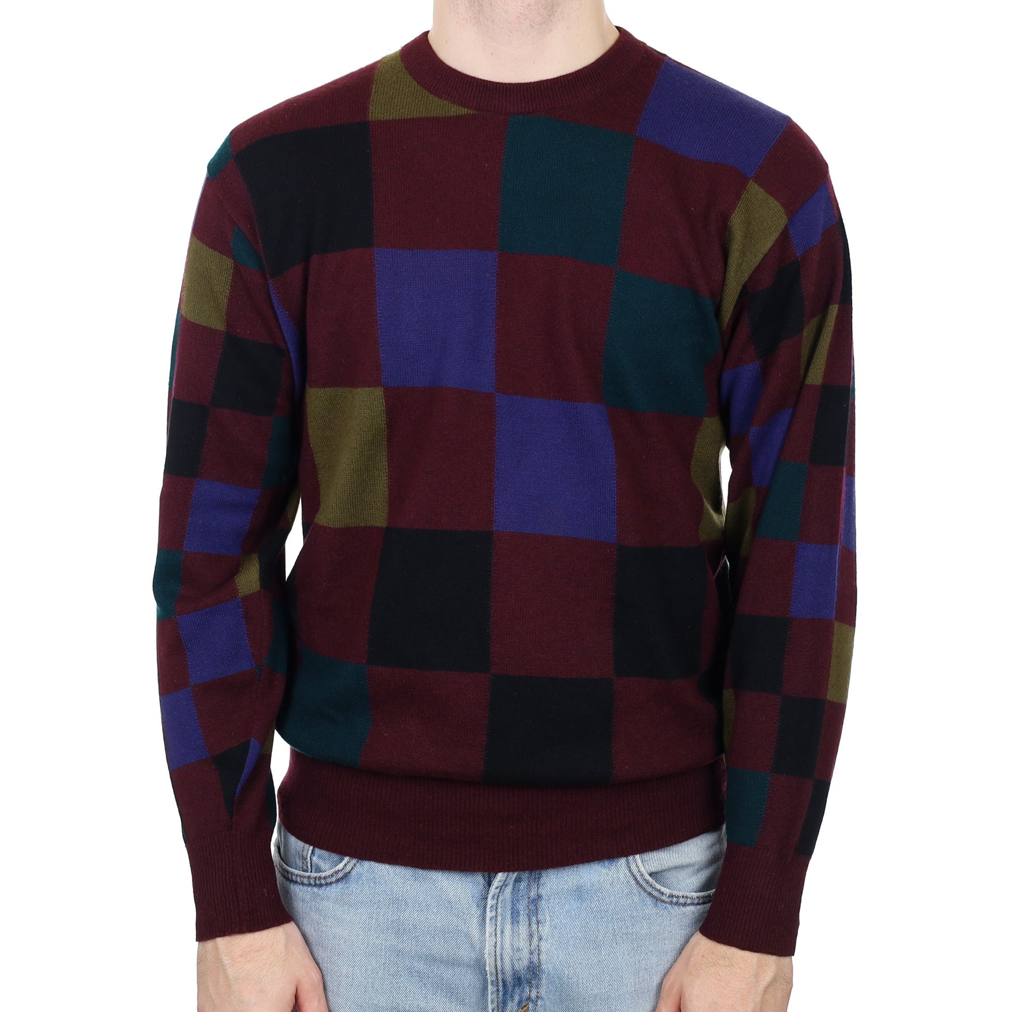 Men's Aubergine Checked Cashmere Crew Neck Jumper Large