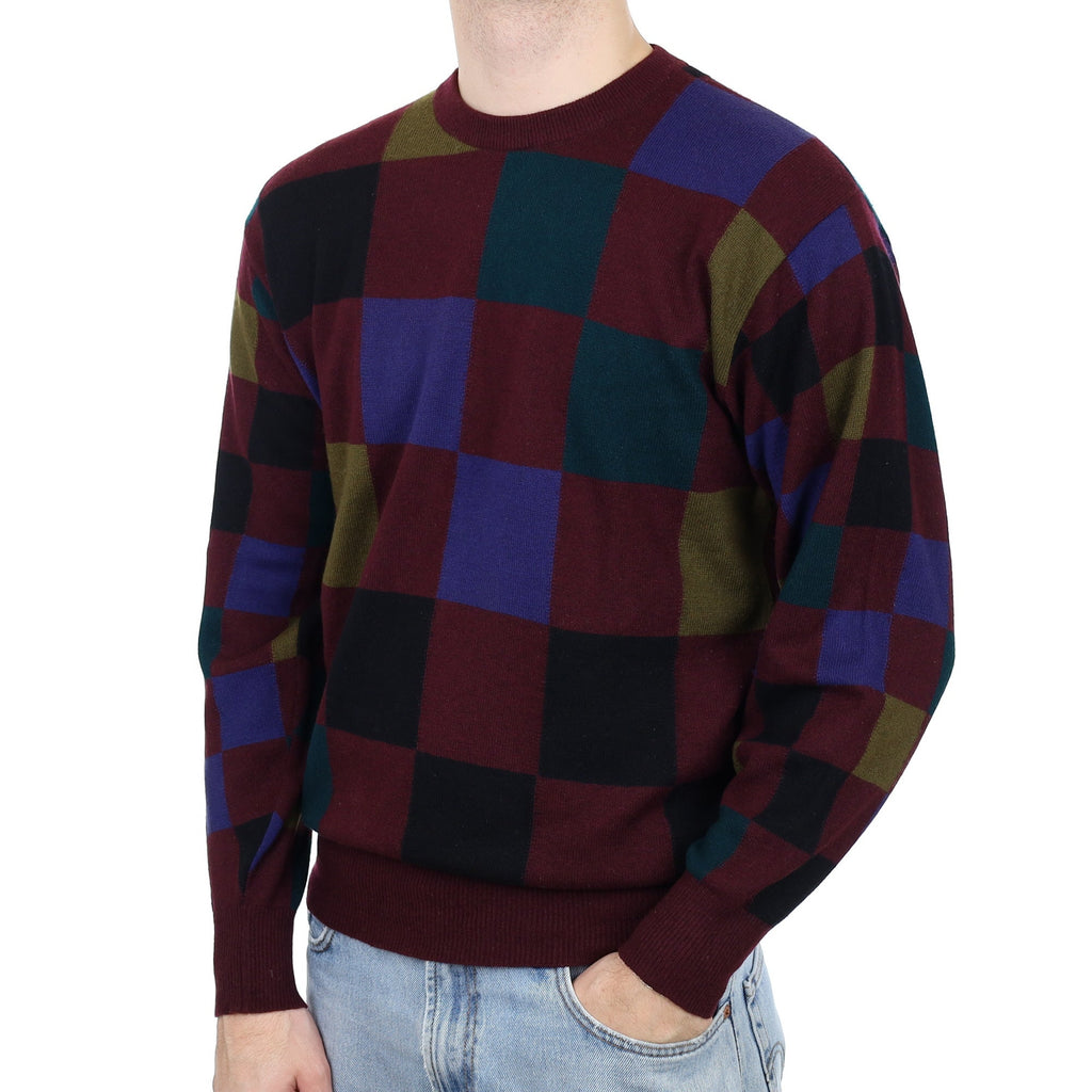 Men's Aubergine Checked Cashmere Crew Neck Jumper Large