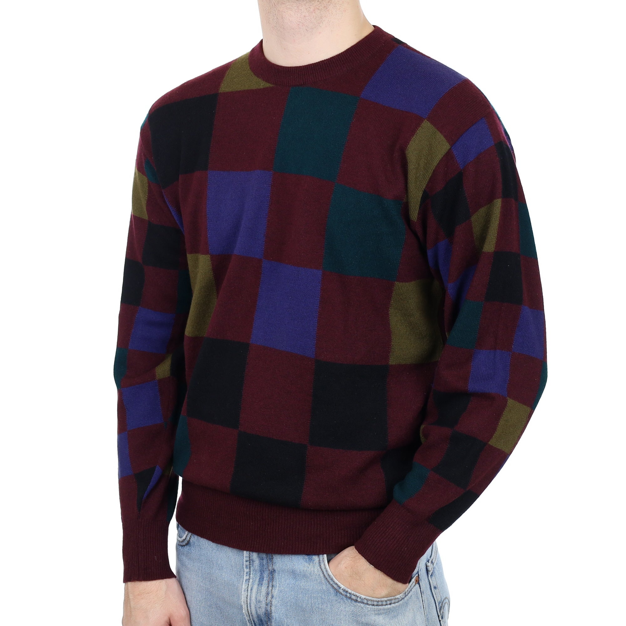 Men's Aubergine Checked Cashmere Crew Neck Jumper Large