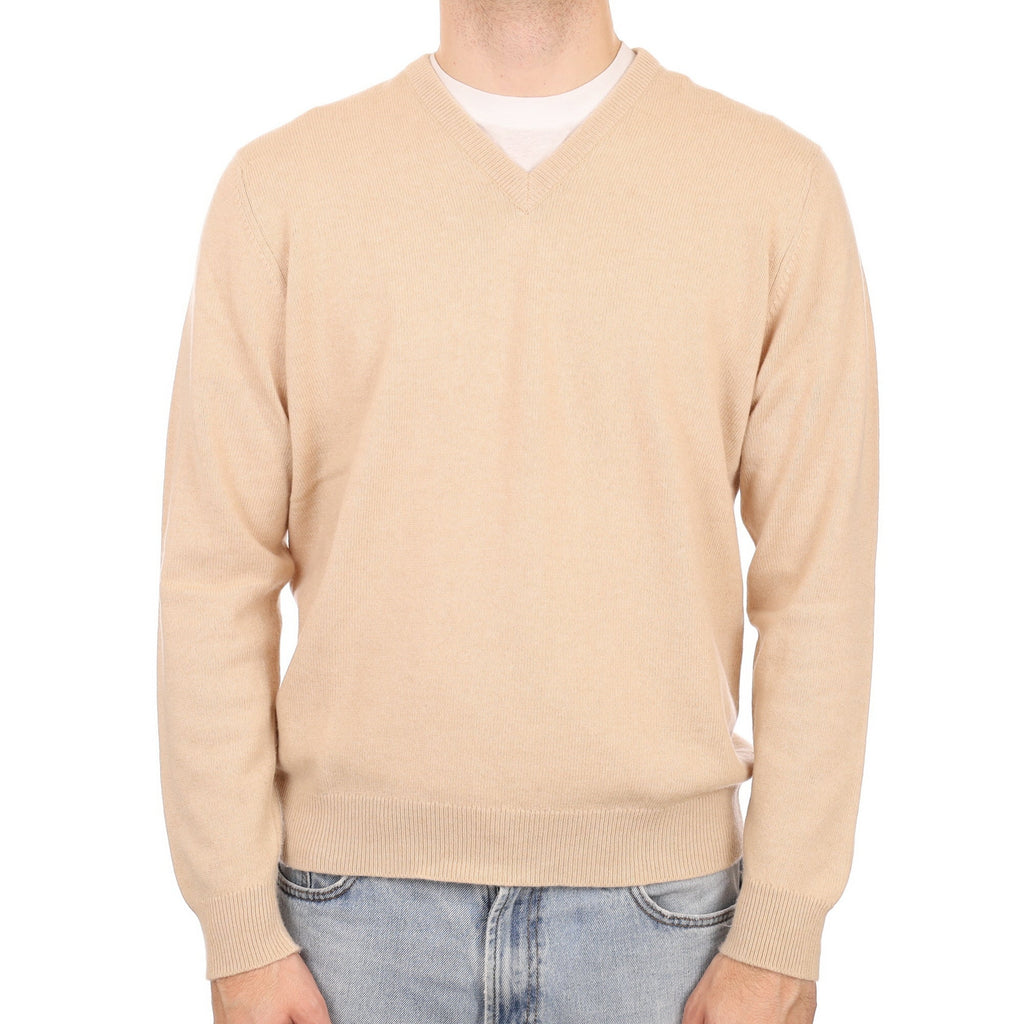 Men's Eldon Beige Cashmere V Neck Jumper Large