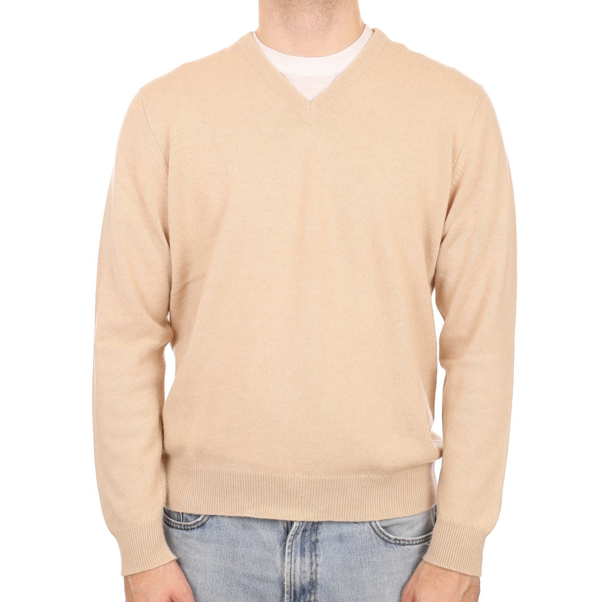 Men's Eldon Beige Cashmere V Neck Jumper Large
