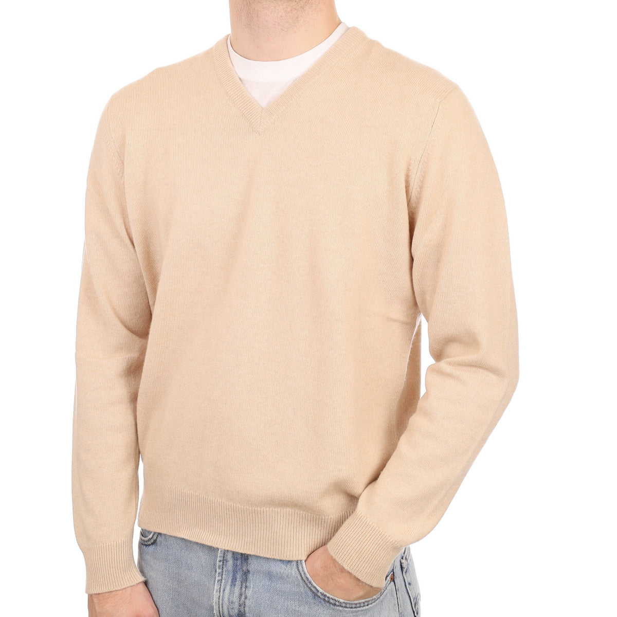 Men's Eldon Beige Cashmere V Neck Jumper Large