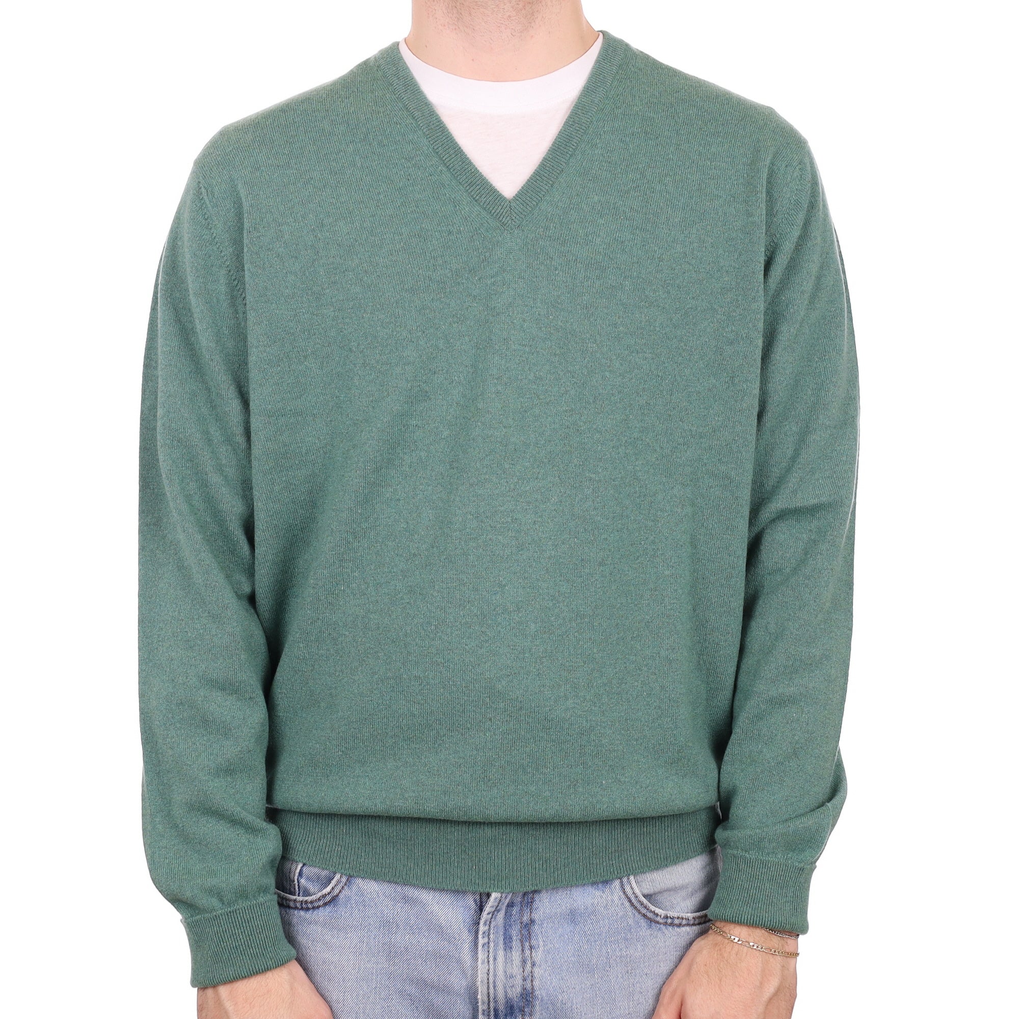 Men's Begg & Co Sea Green Cashmere V Neck Jumper Large