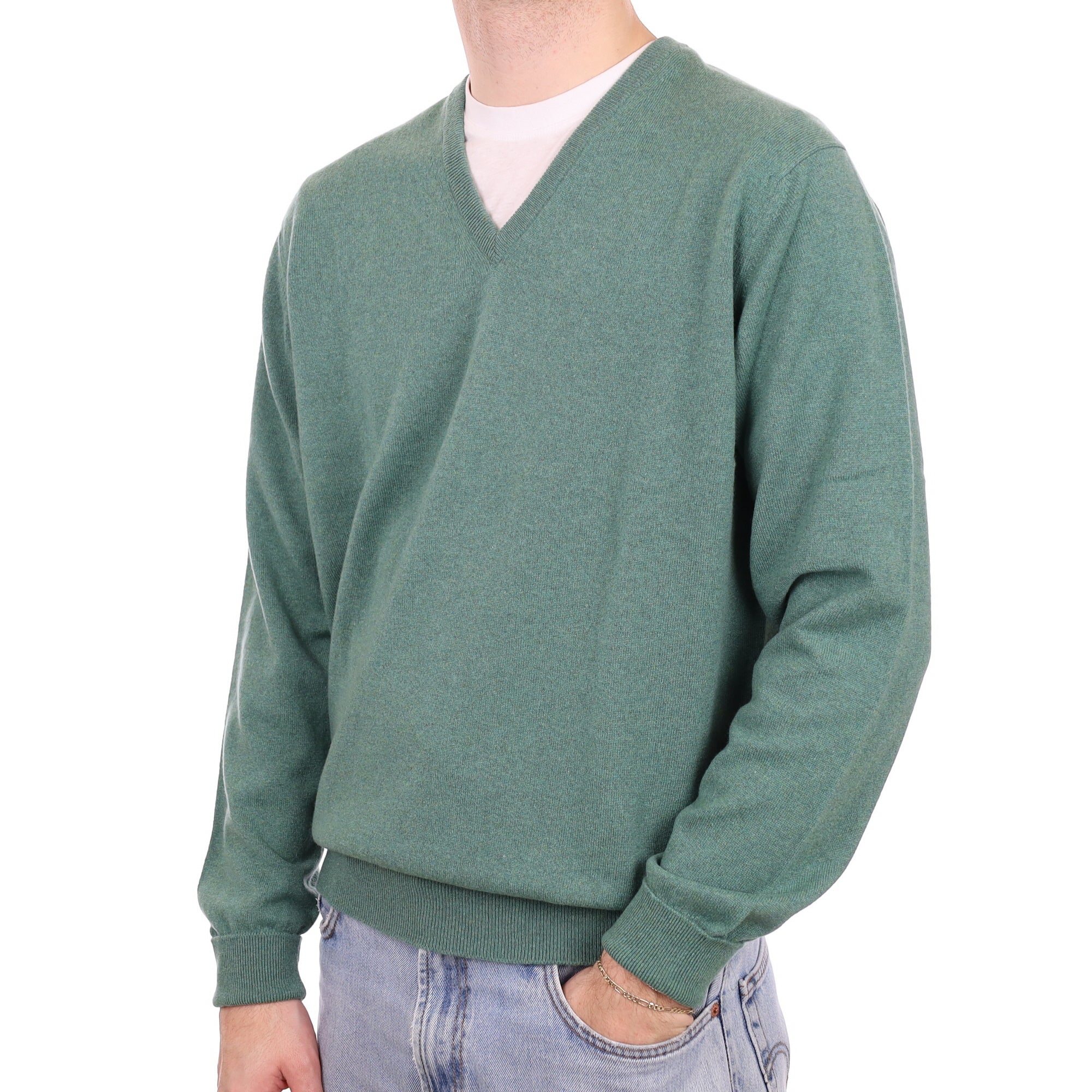 Men's Begg & Co Sea Green Cashmere V Neck Jumper Large