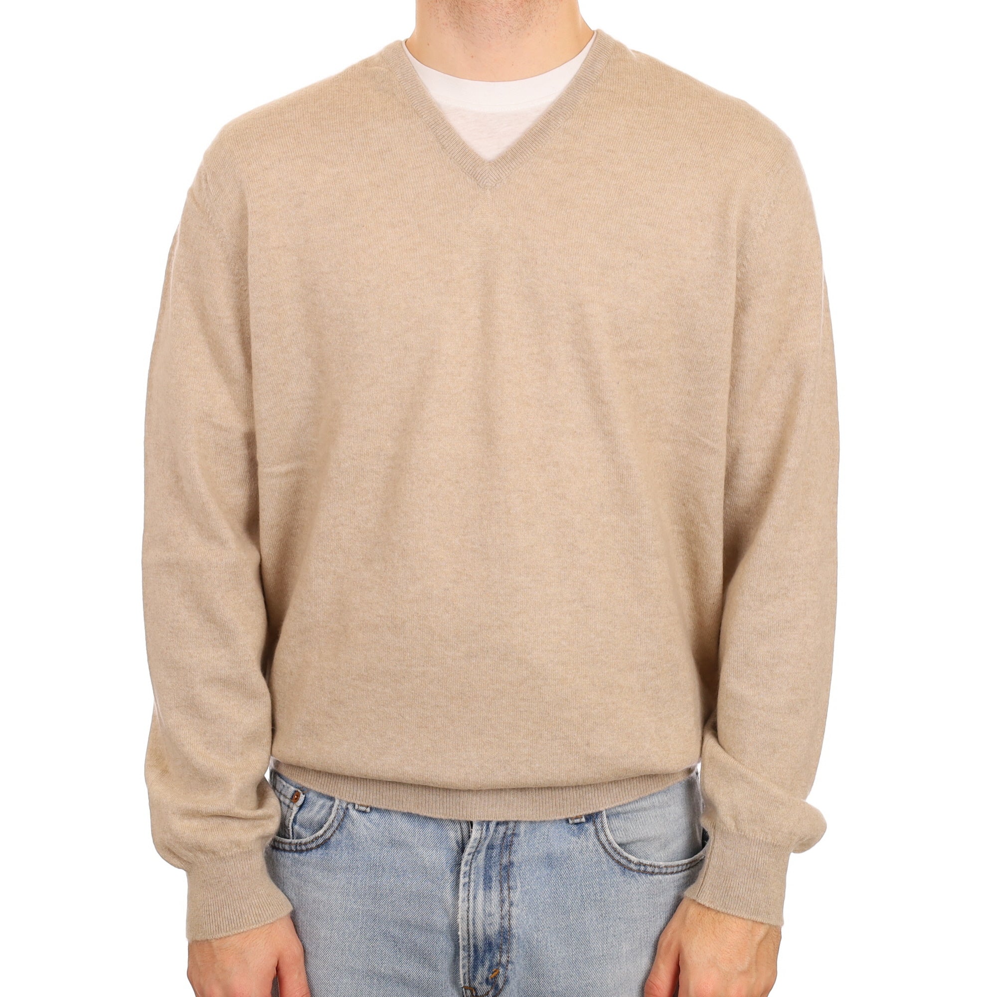 Men's Begg & Co Fawn Cashmere V Neck Jumper Large