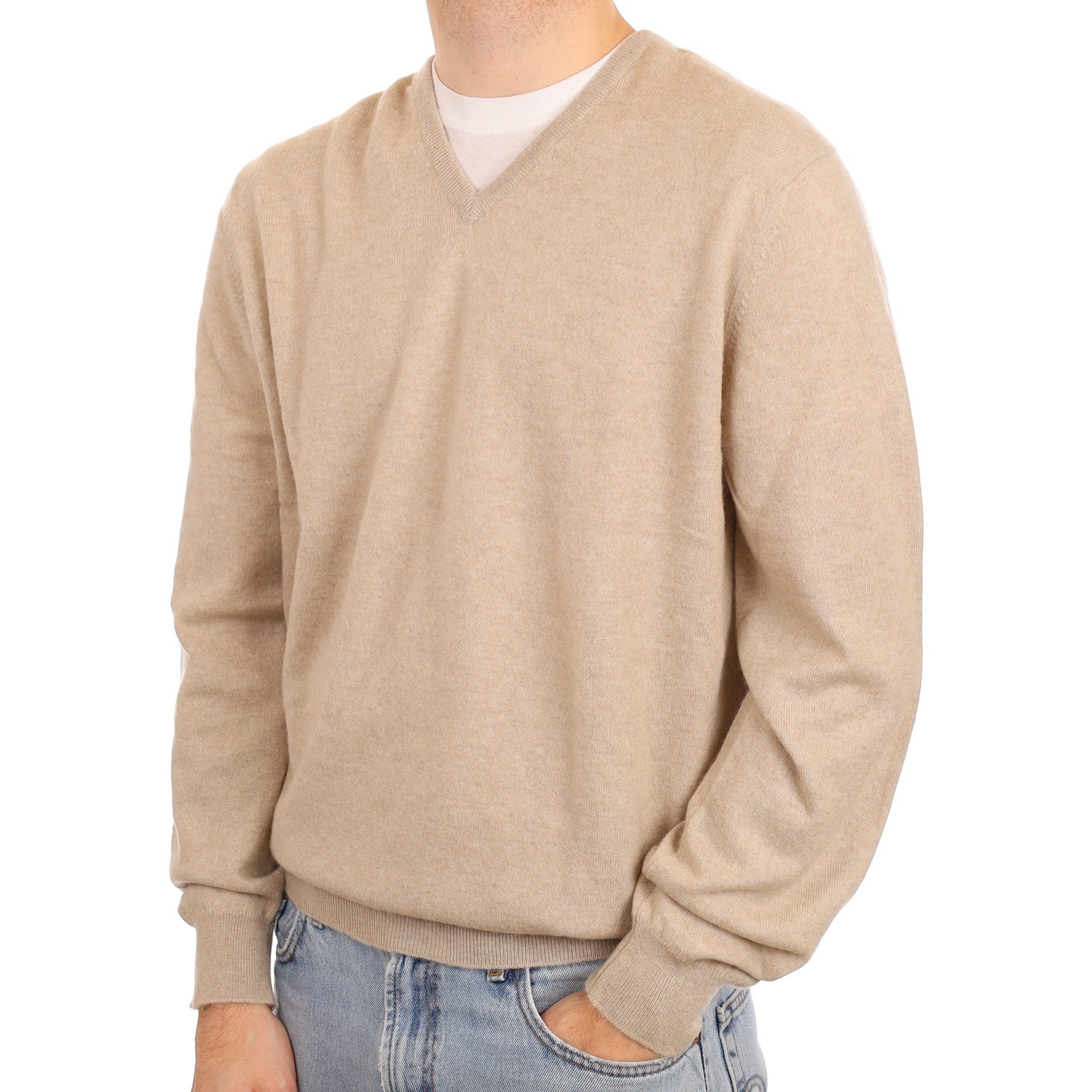 Men's Begg & Co Fawn Cashmere V Neck Jumper Large