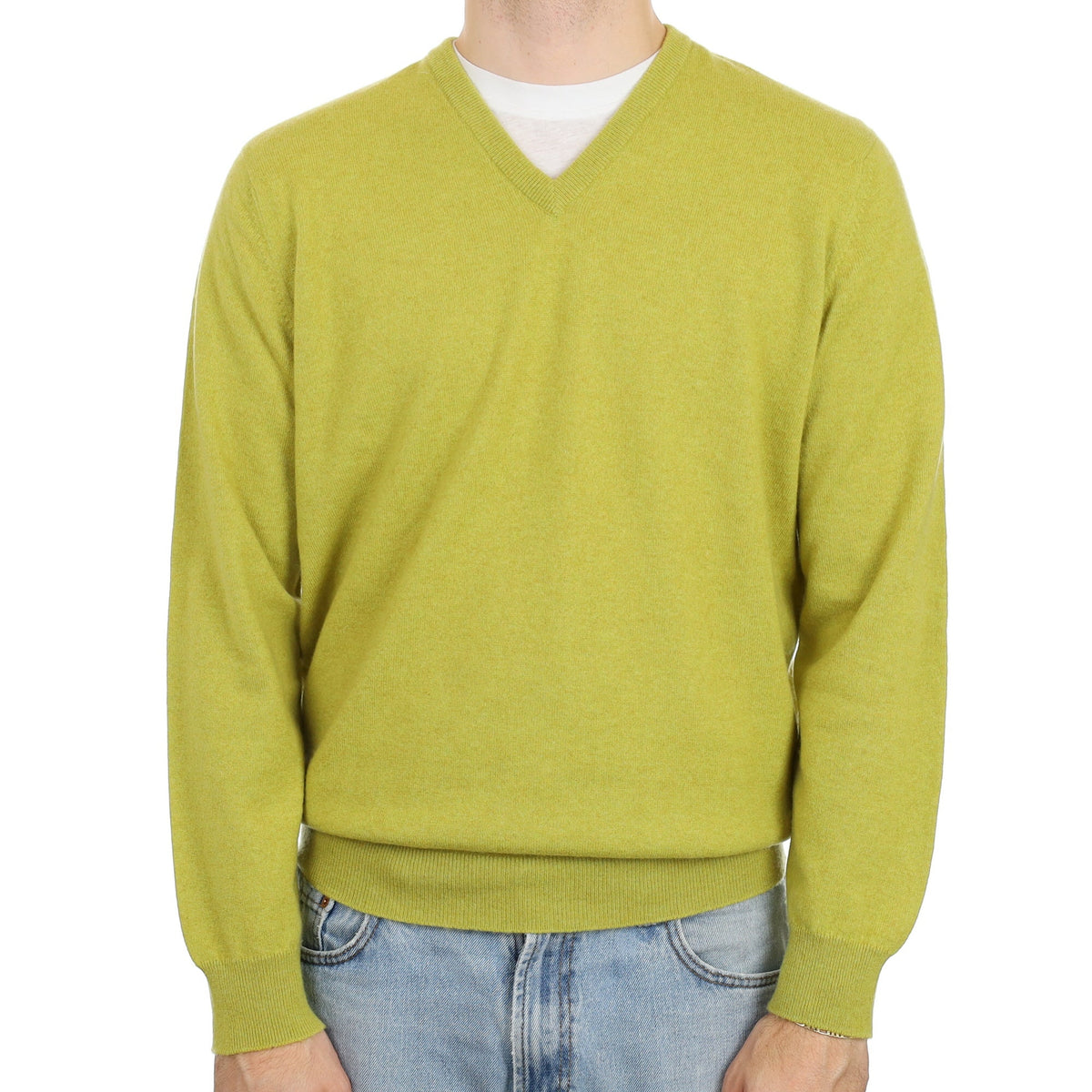 Men's James Purdey Lichen Green Cashmere V Neck Jumper Large