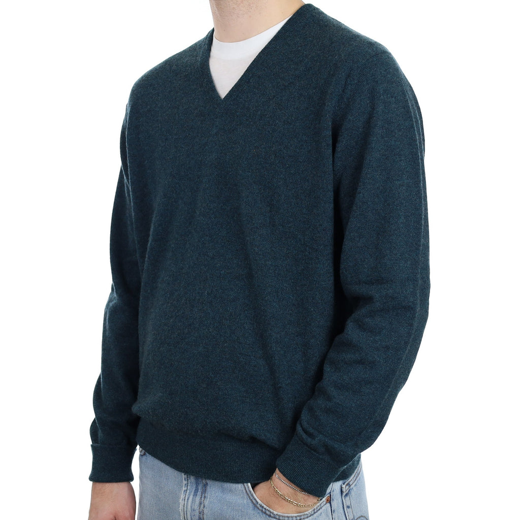 Men's Begg & Co Forest Green Marl Cashmere V Neck Jumper Large