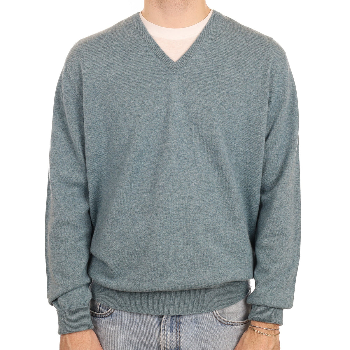 Men's Begg & Co Duck Egg Blue Cashmere V Neck Jumper Large