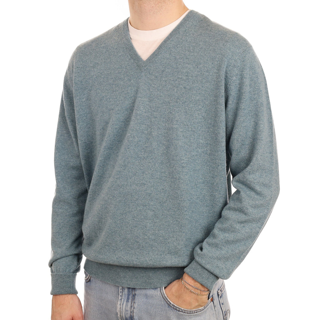 Men's Begg & Co Duck Egg Blue Cashmere V Neck Jumper Large