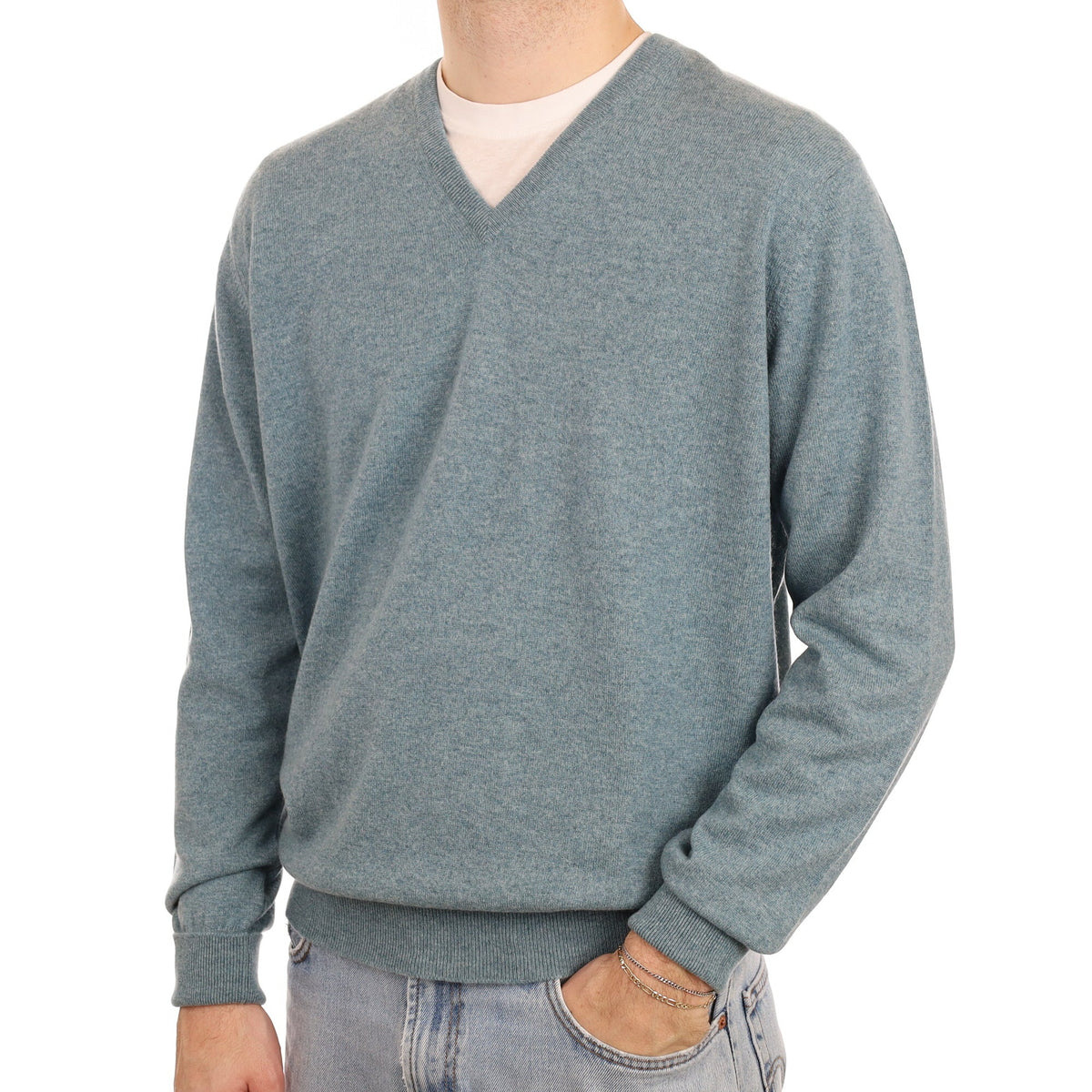 Men's Begg & Co Duck Egg Blue Cashmere V Neck Jumper Large
