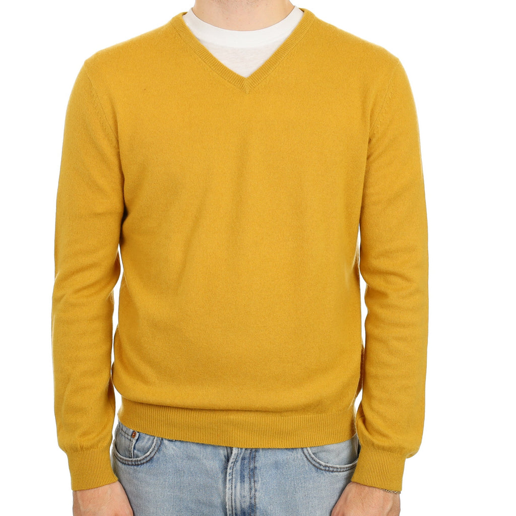 Men's Mustard Yellow Cashmere V Neck Jumper Large