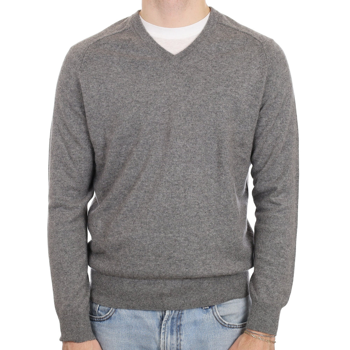 Men's Slate Grey Cashmere V Neck Jumper Large