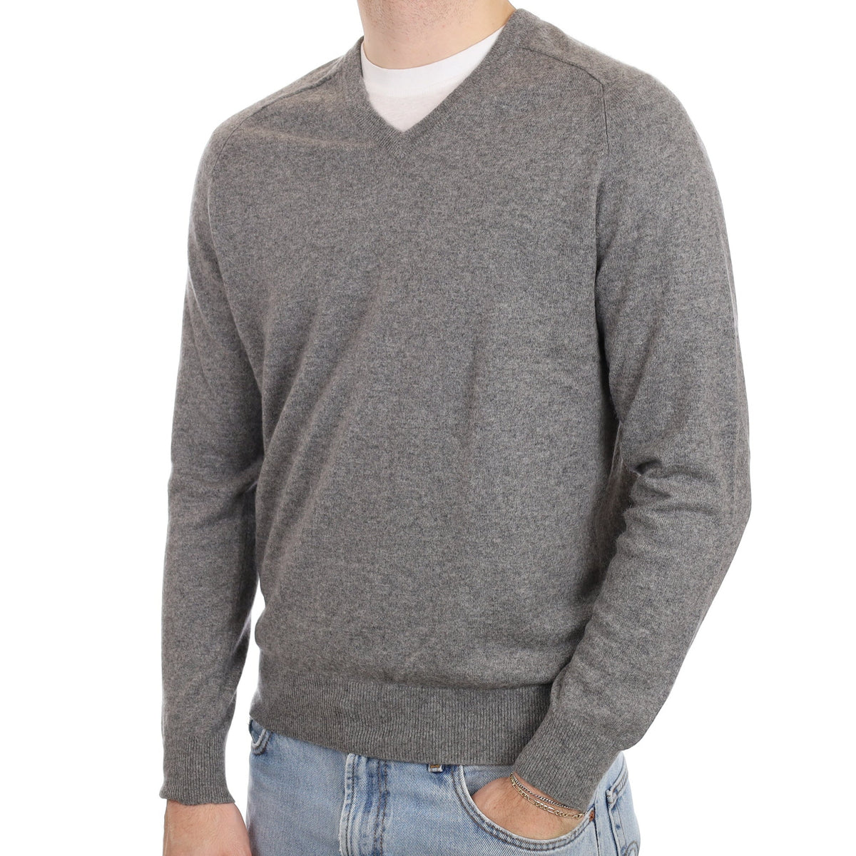Men's Slate Grey Cashmere V Neck Jumper Large