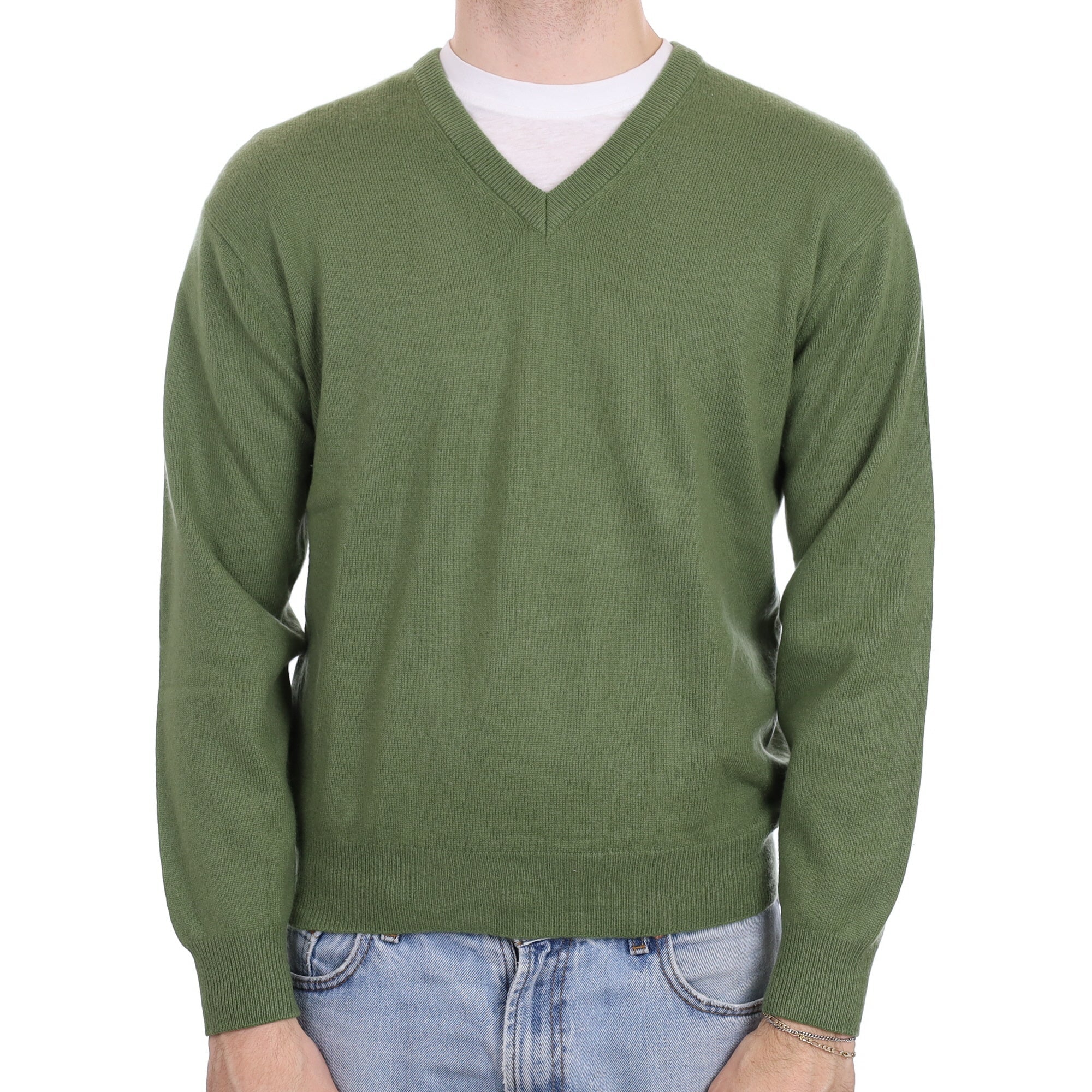 Men's Pickle Green Cashmere V Neck Jumper Large