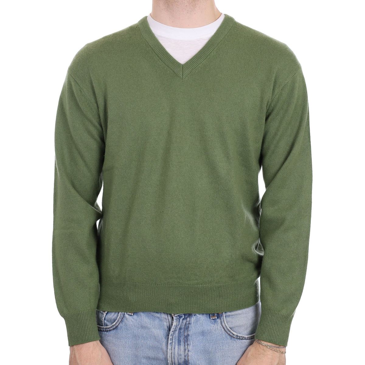 Men's Pickle Green Cashmere V Neck Jumper Large