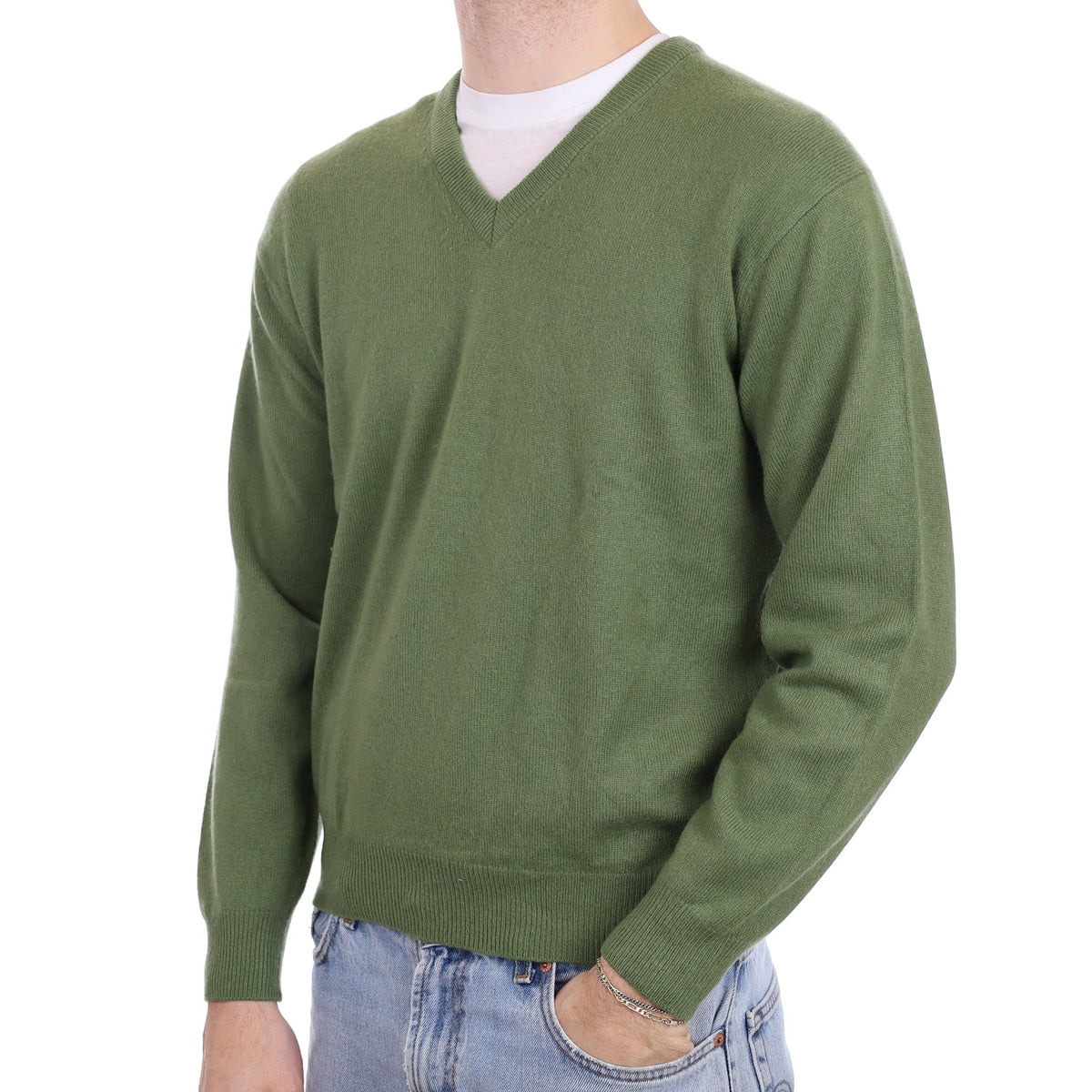Men's Pickle Green Cashmere V Neck Jumper Large
