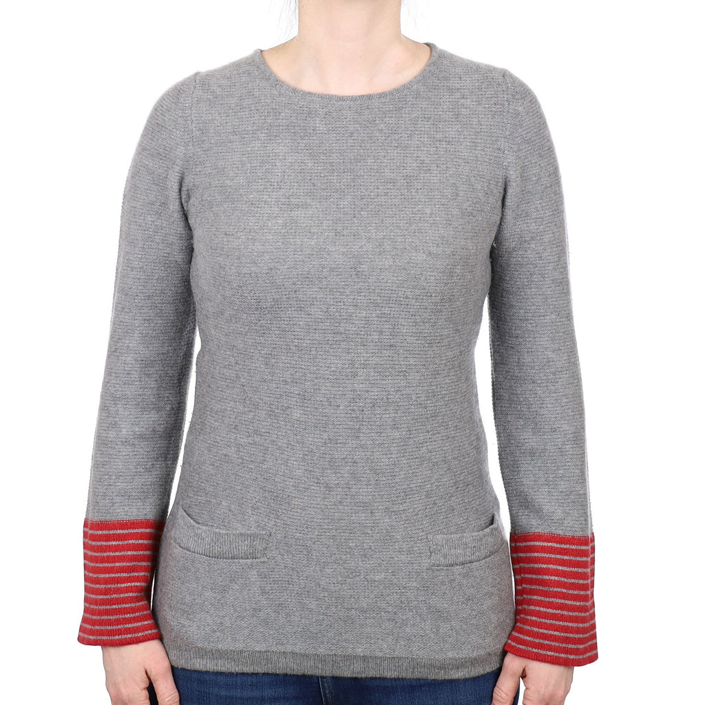 Italian Ash Grey and Red Cashmere Crew Neck Tunic with Pockets Small