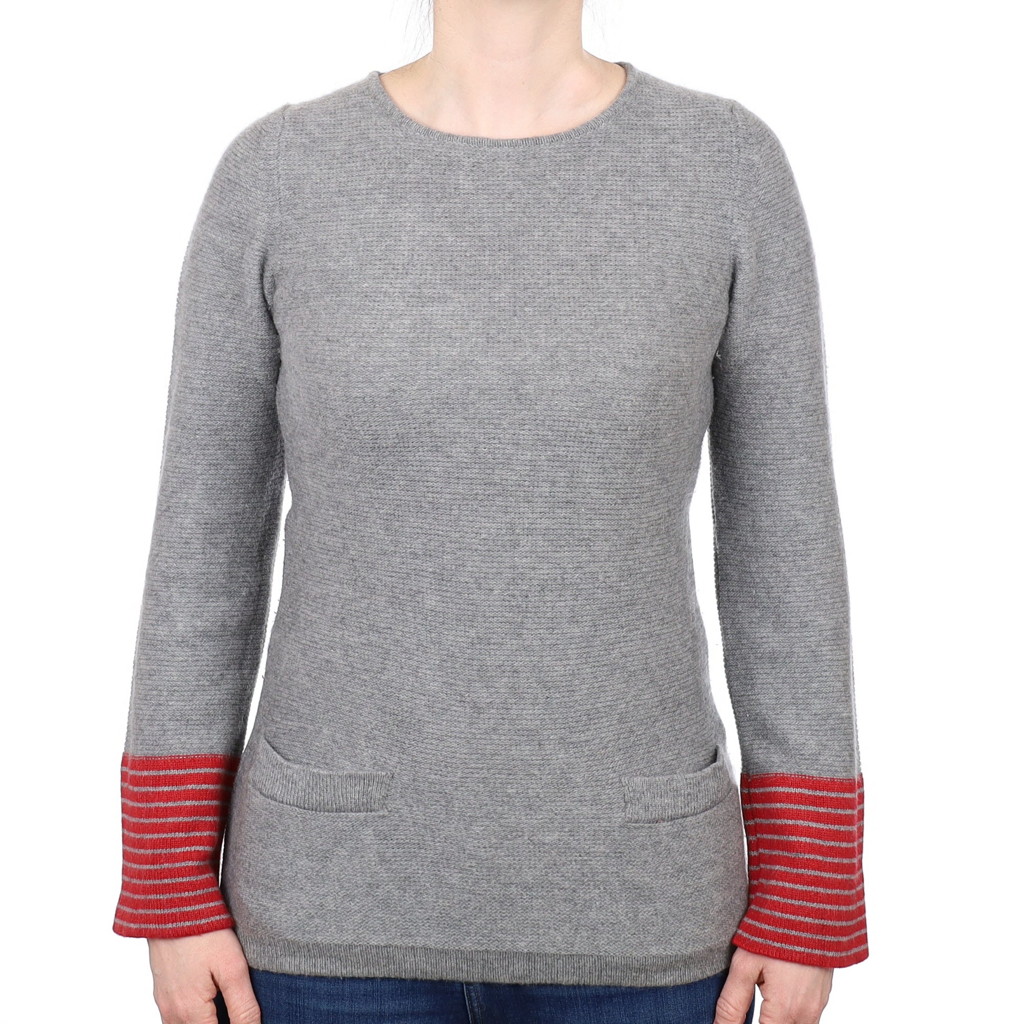 Italian Ash Grey and Red Cashmere Crew Neck Tunic with Pockets Small