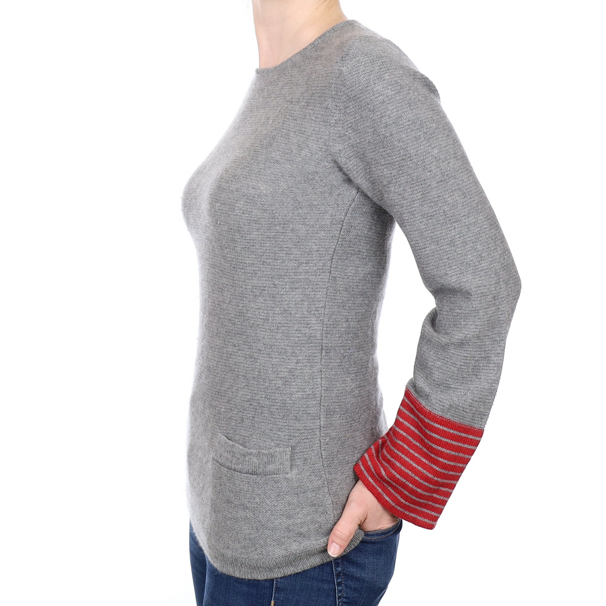 Italian Ash Grey and Red Cashmere Crew Neck Tunic with Pockets Small