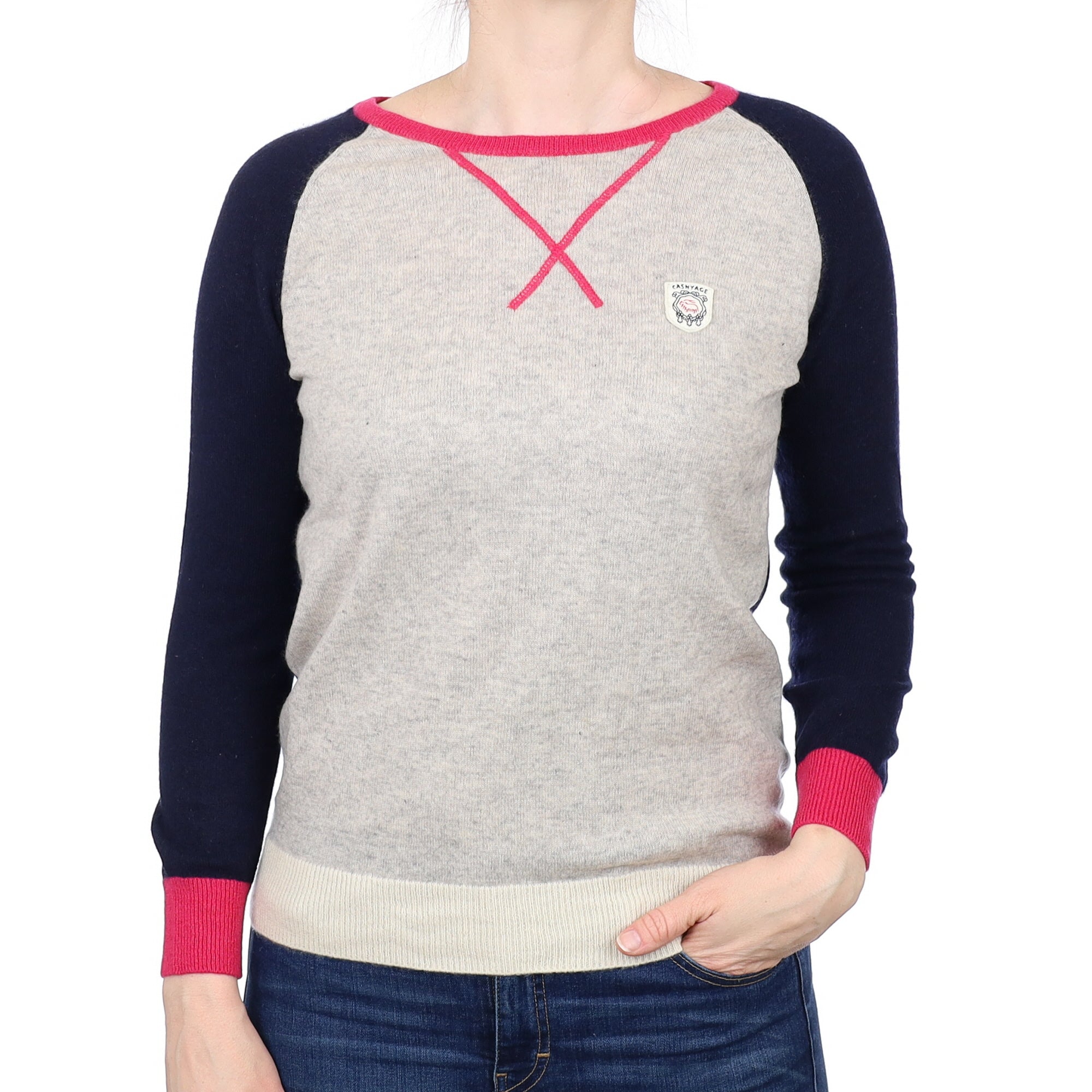 Navy and Grey Cashmere Crew Neck Jumper Small