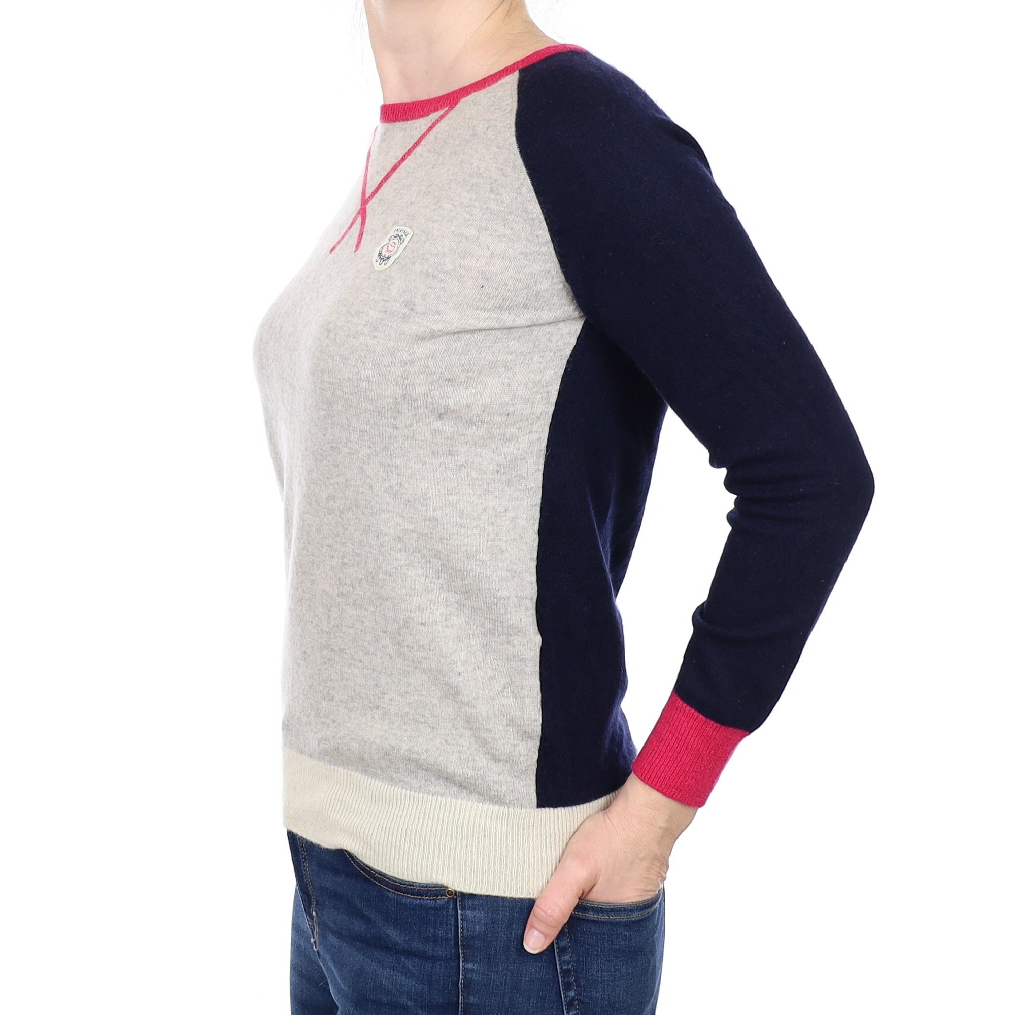 Navy and Grey Cashmere Crew Neck Jumper Small