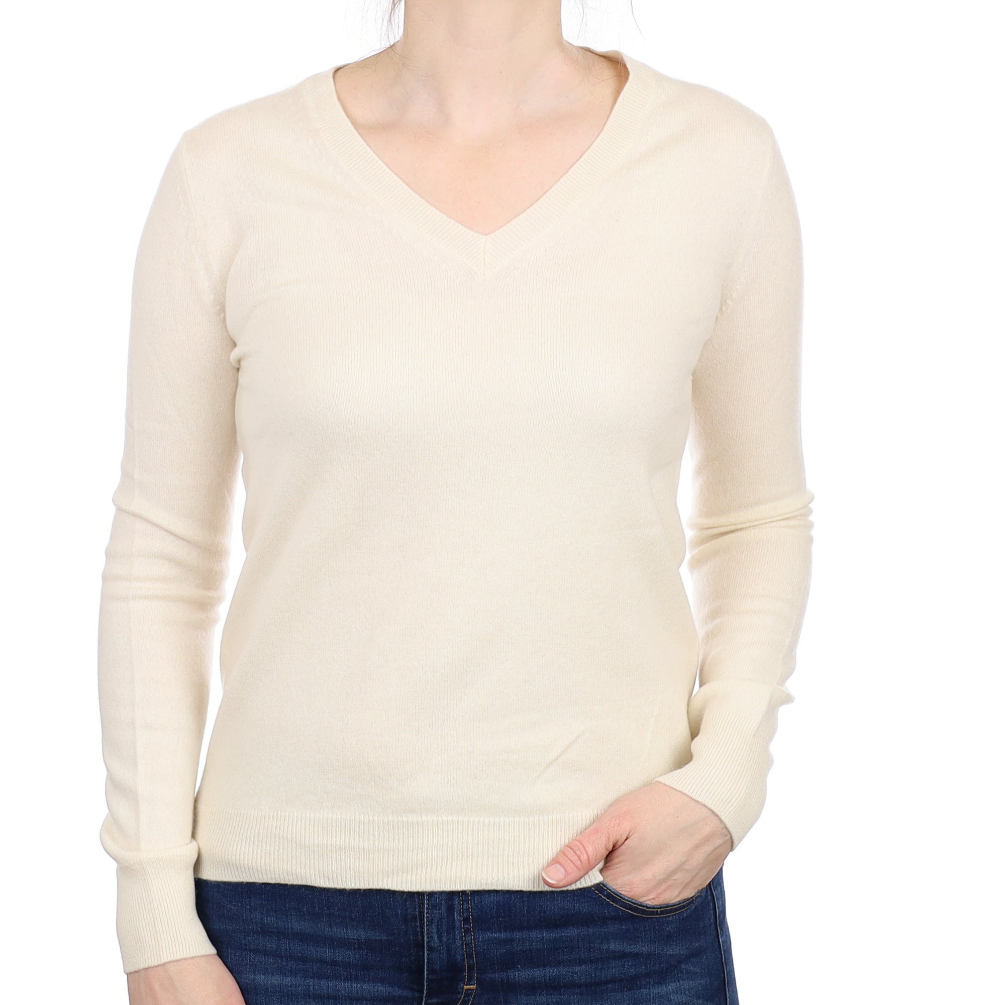 Vanilla Cream Cashmere V Neck Jumper Small