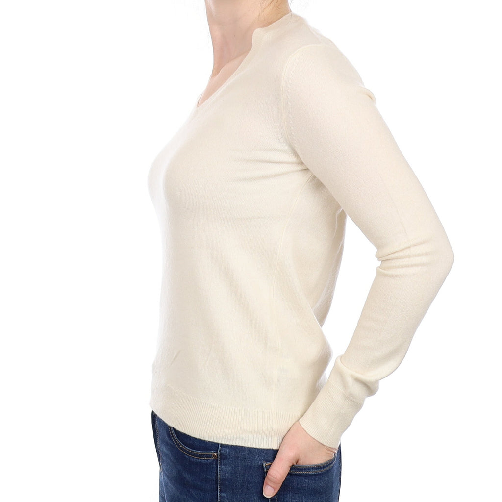 Vanilla Cream Cashmere V Neck Jumper Small