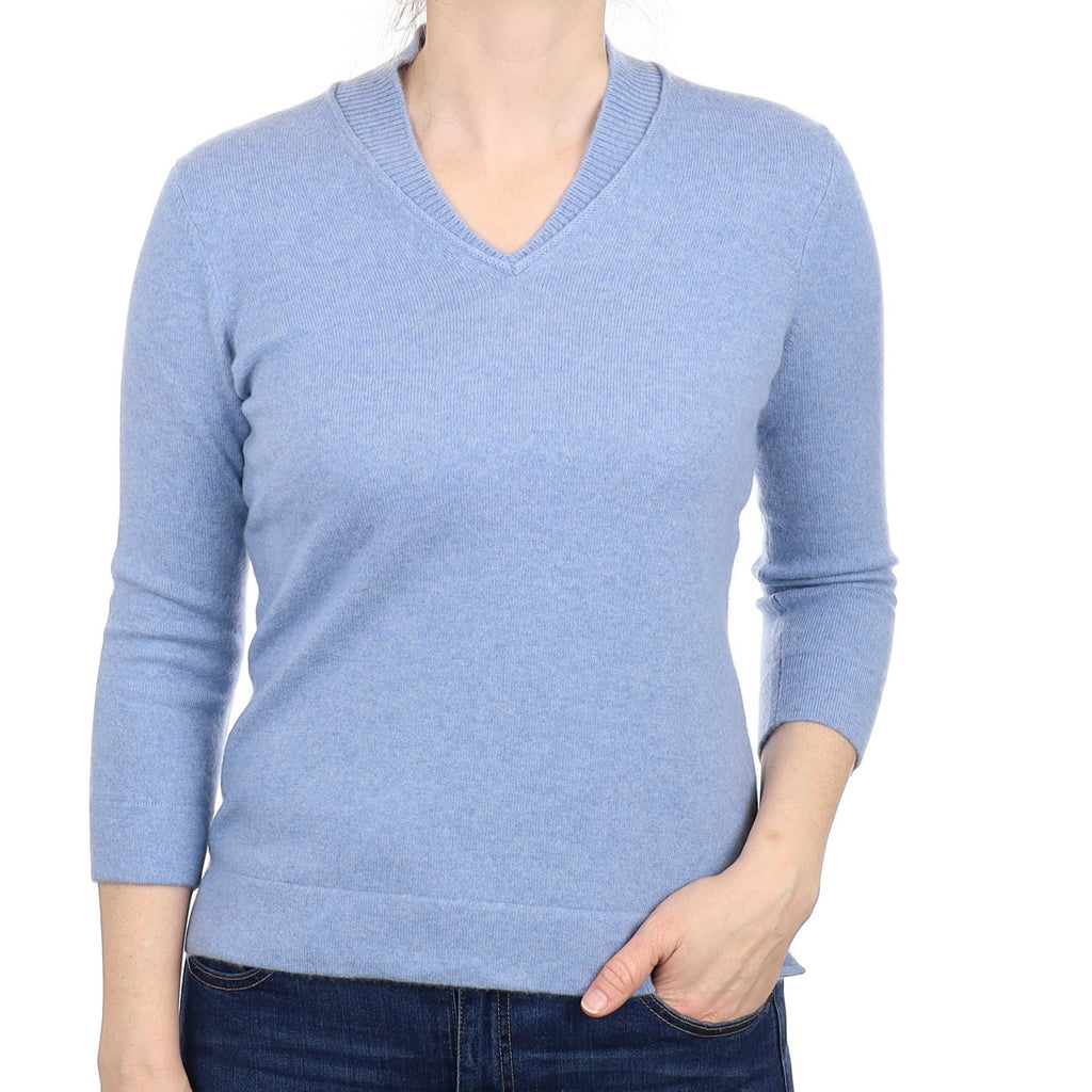 Sky Blue Cashmere Collard V Neck Jumper Small