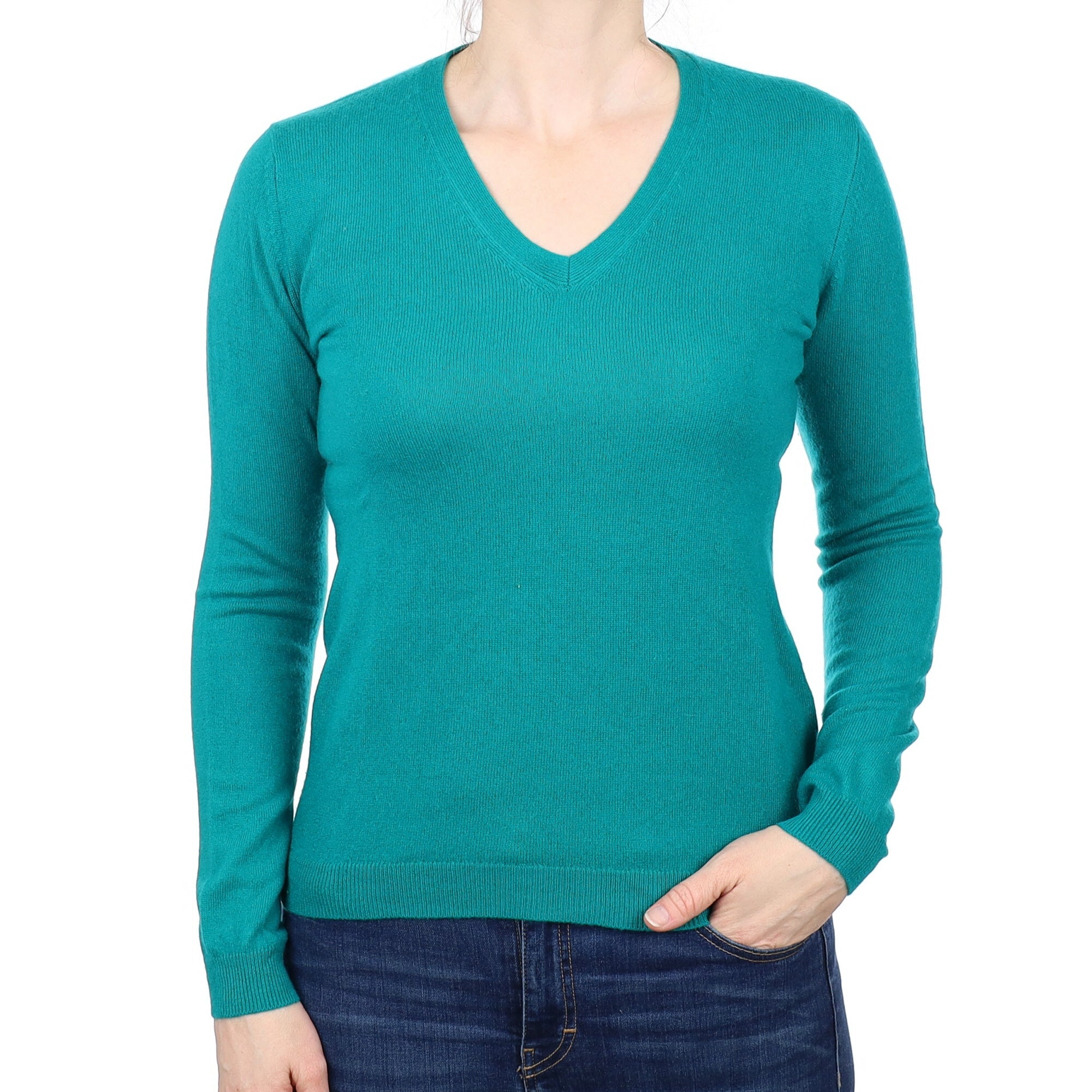 Cyan Green Cashmere V Neck Jumper Small