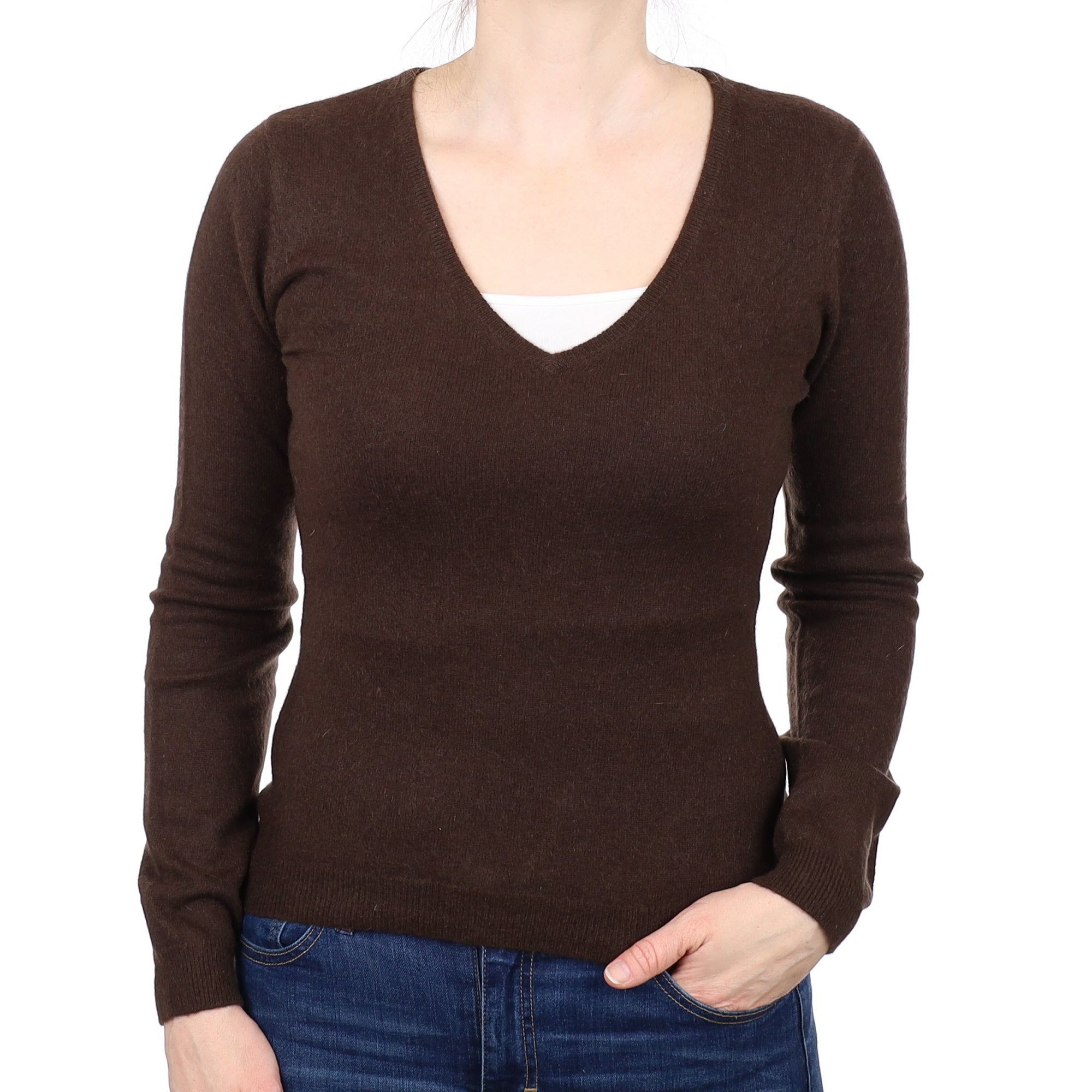 Chocolate Brown Cashmere V Neck Jumper Small