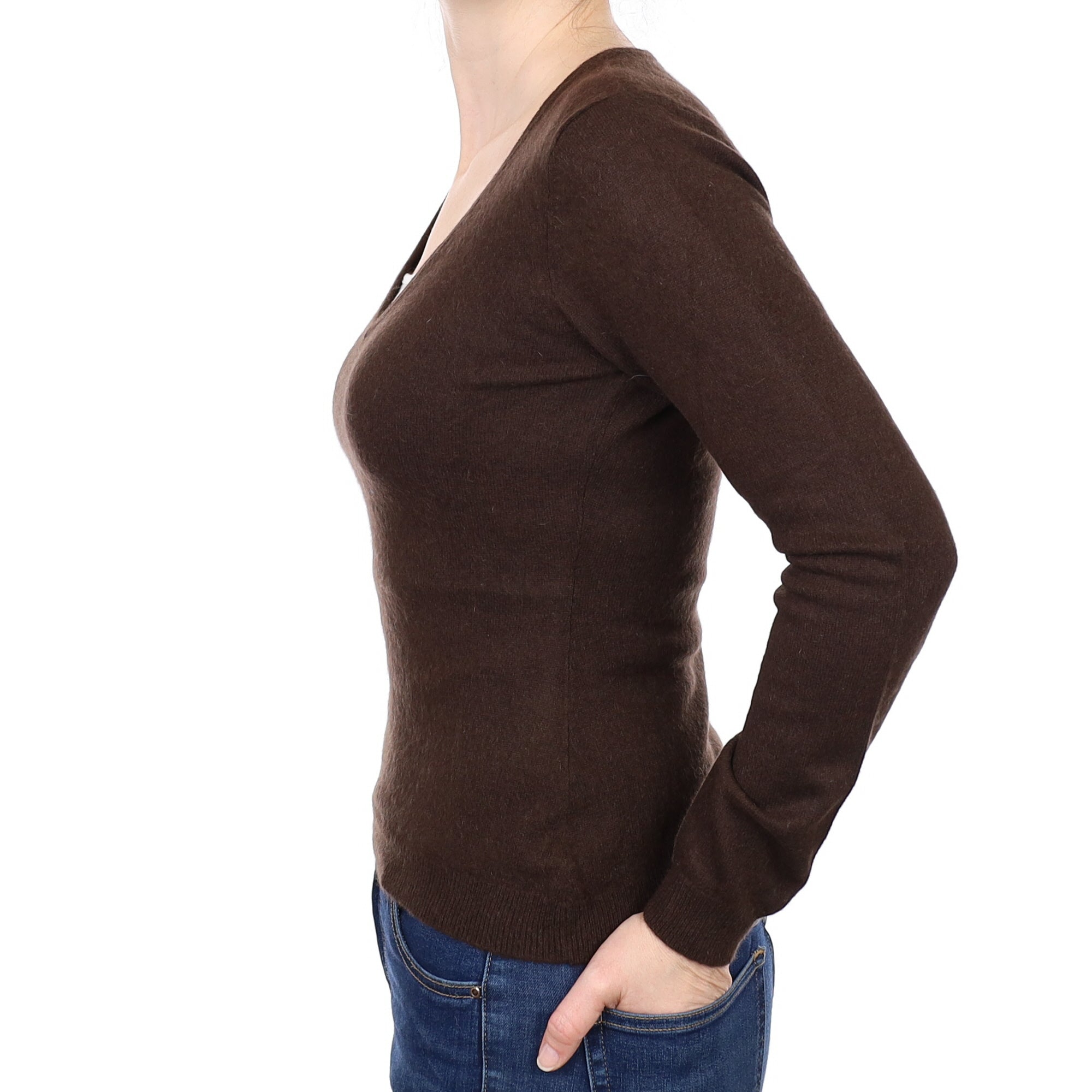 Chocolate Brown Cashmere V Neck Jumper Small