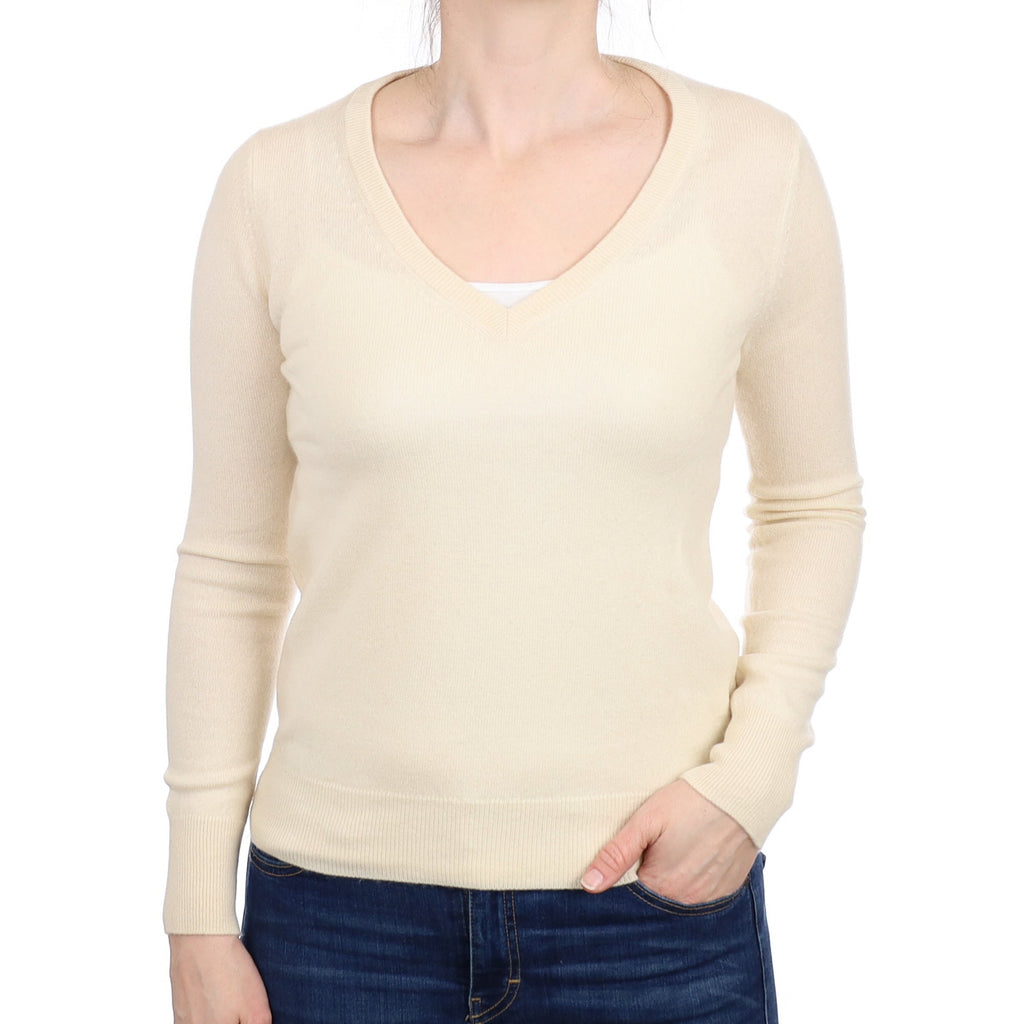 Vanilla Cream Cashmere V Neck Jumper Small