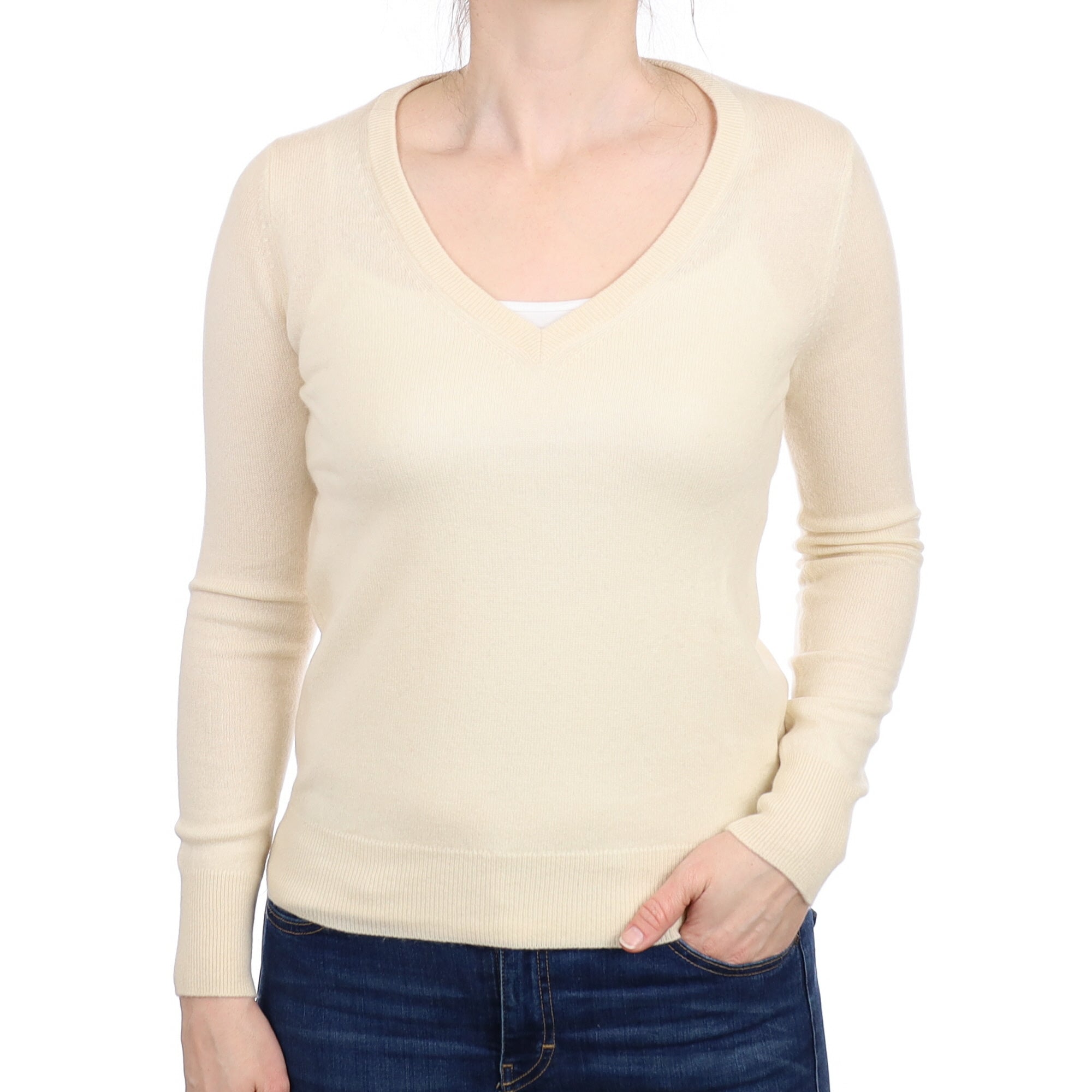 Vanilla Cream Cashmere V Neck Jumper Small
