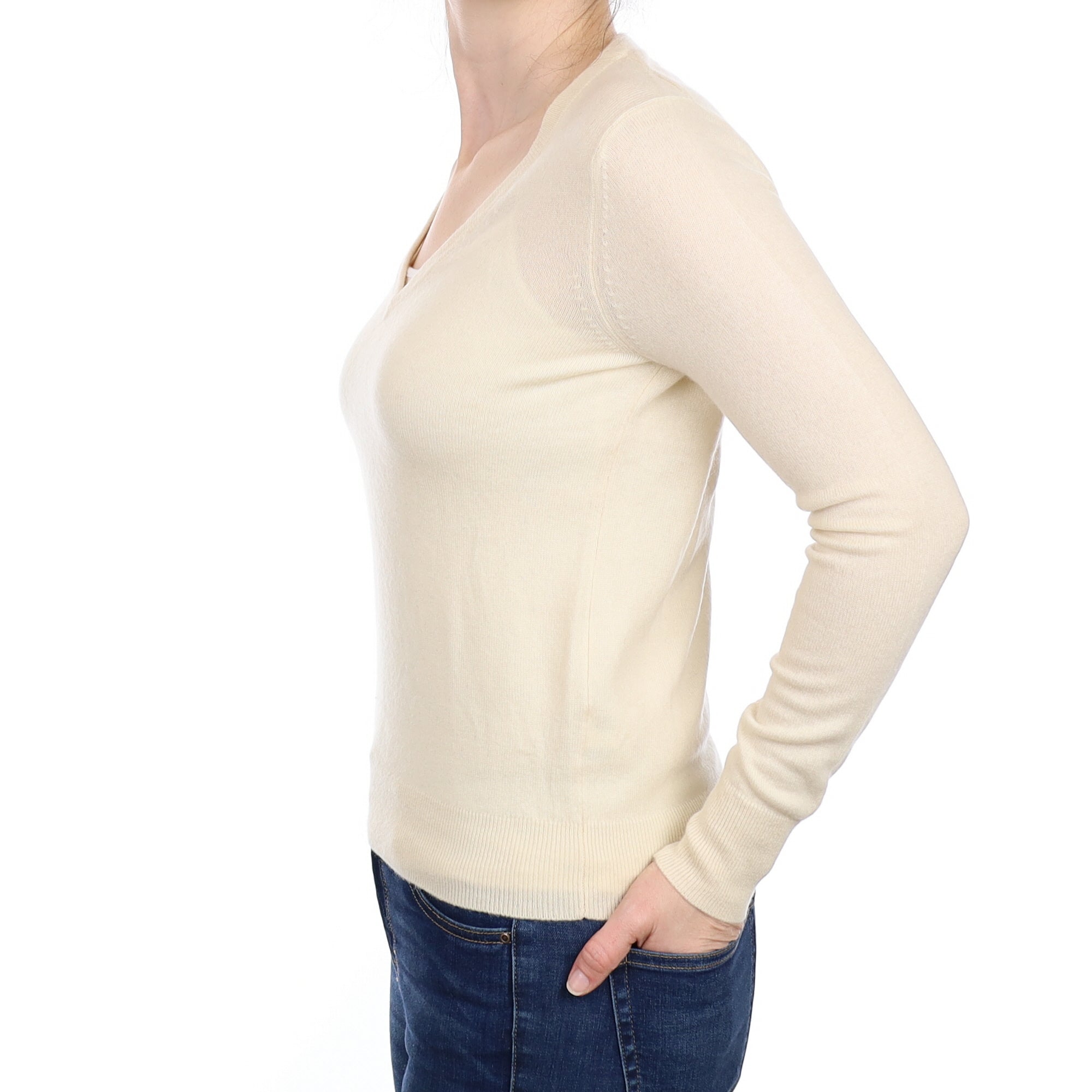 Vanilla Cream Cashmere V Neck Jumper Small