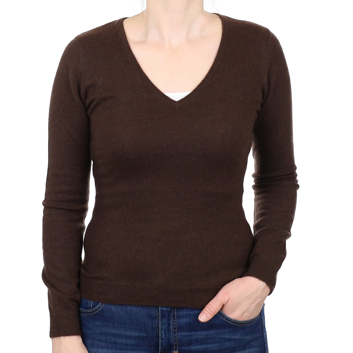 Chocolate Brown Cashmere V Neck Jumper Small