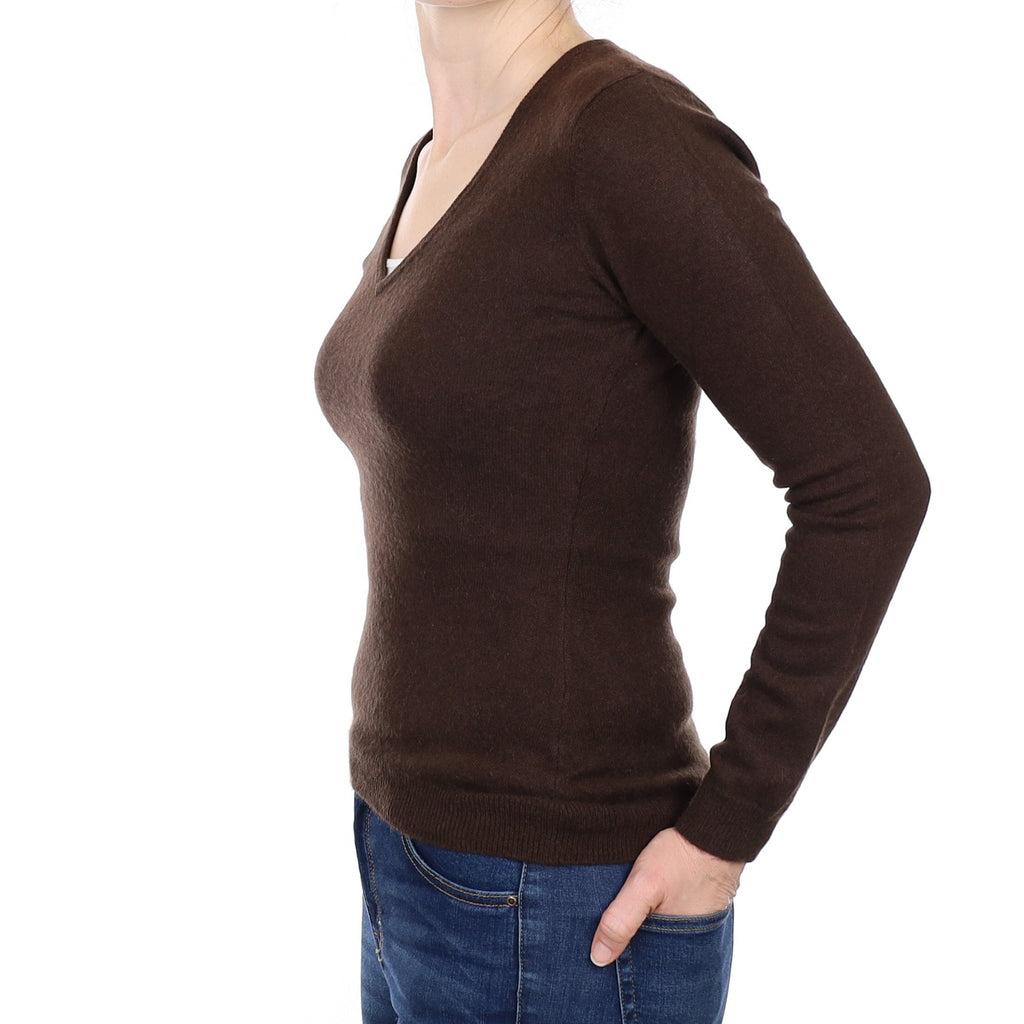 Chocolate Brown Cashmere V Neck Jumper Small