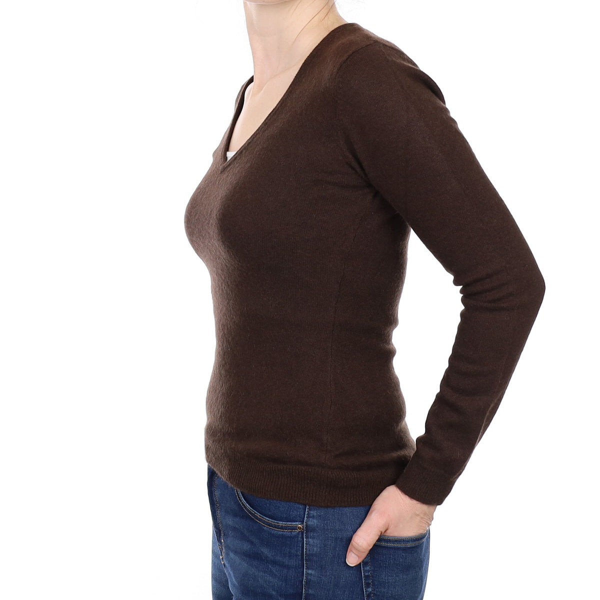 Chocolate Brown Cashmere V Neck Jumper Small