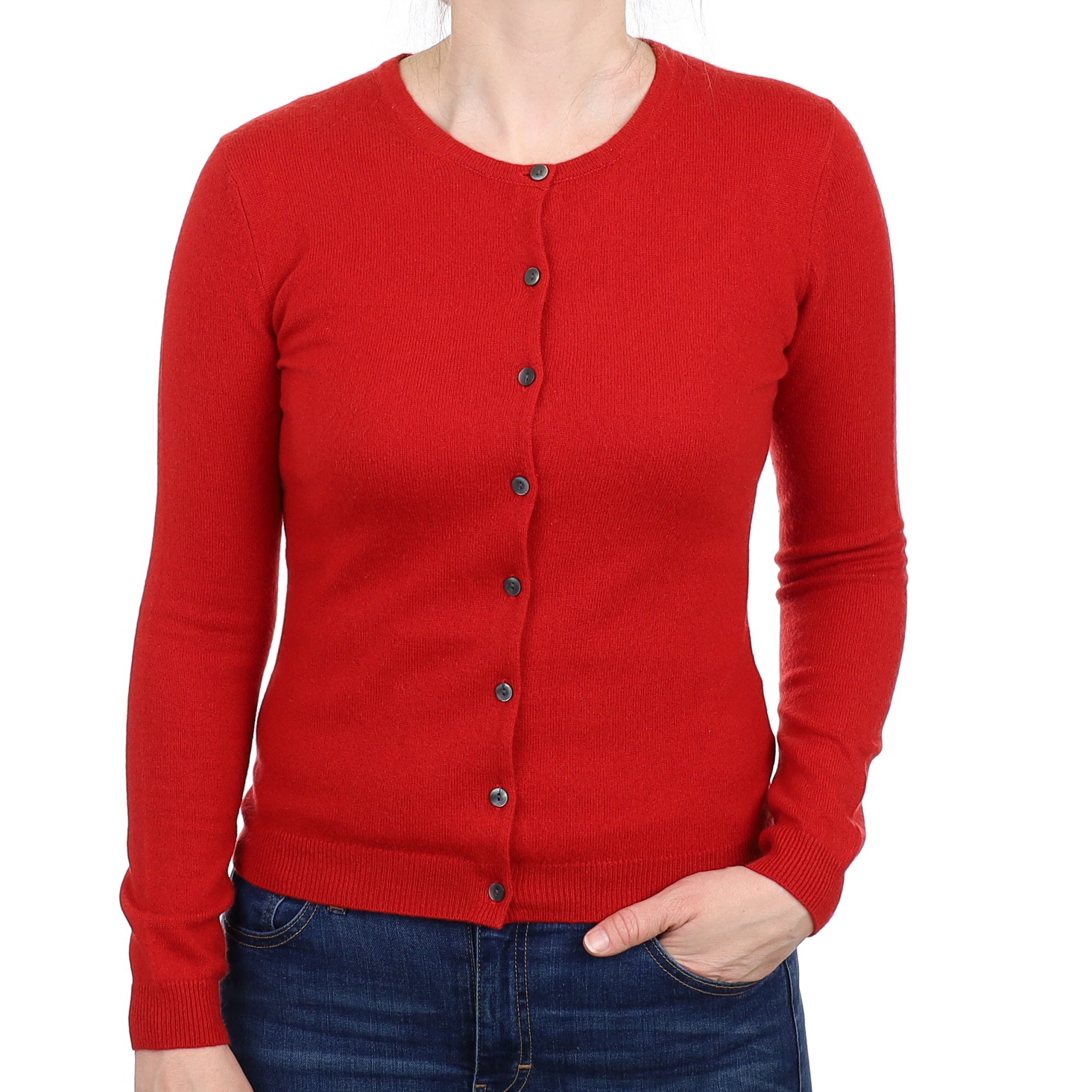 Post Box Red Cashmere Crew Neck Cardigan Small