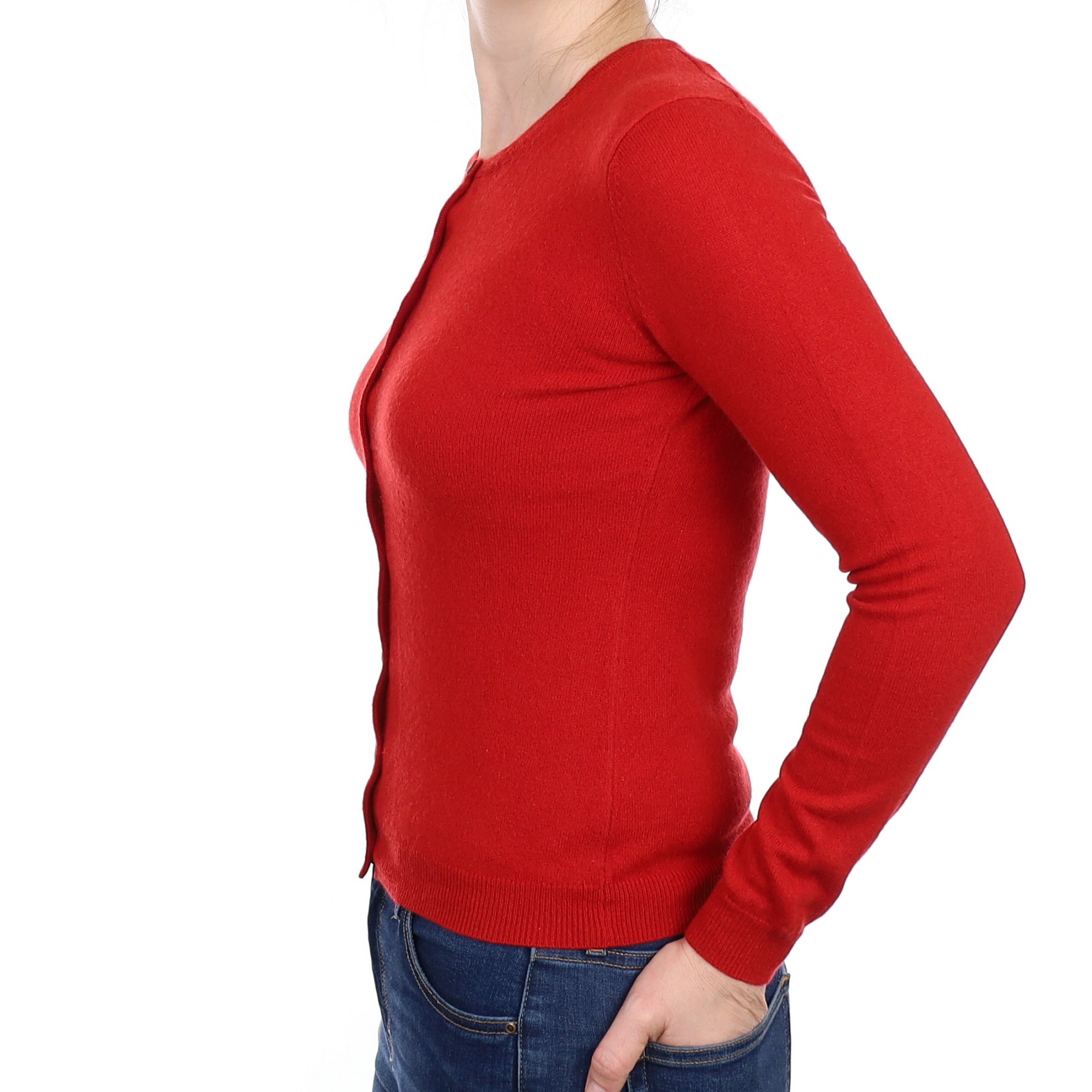 Post Box Red Cashmere Crew Neck Cardigan Small