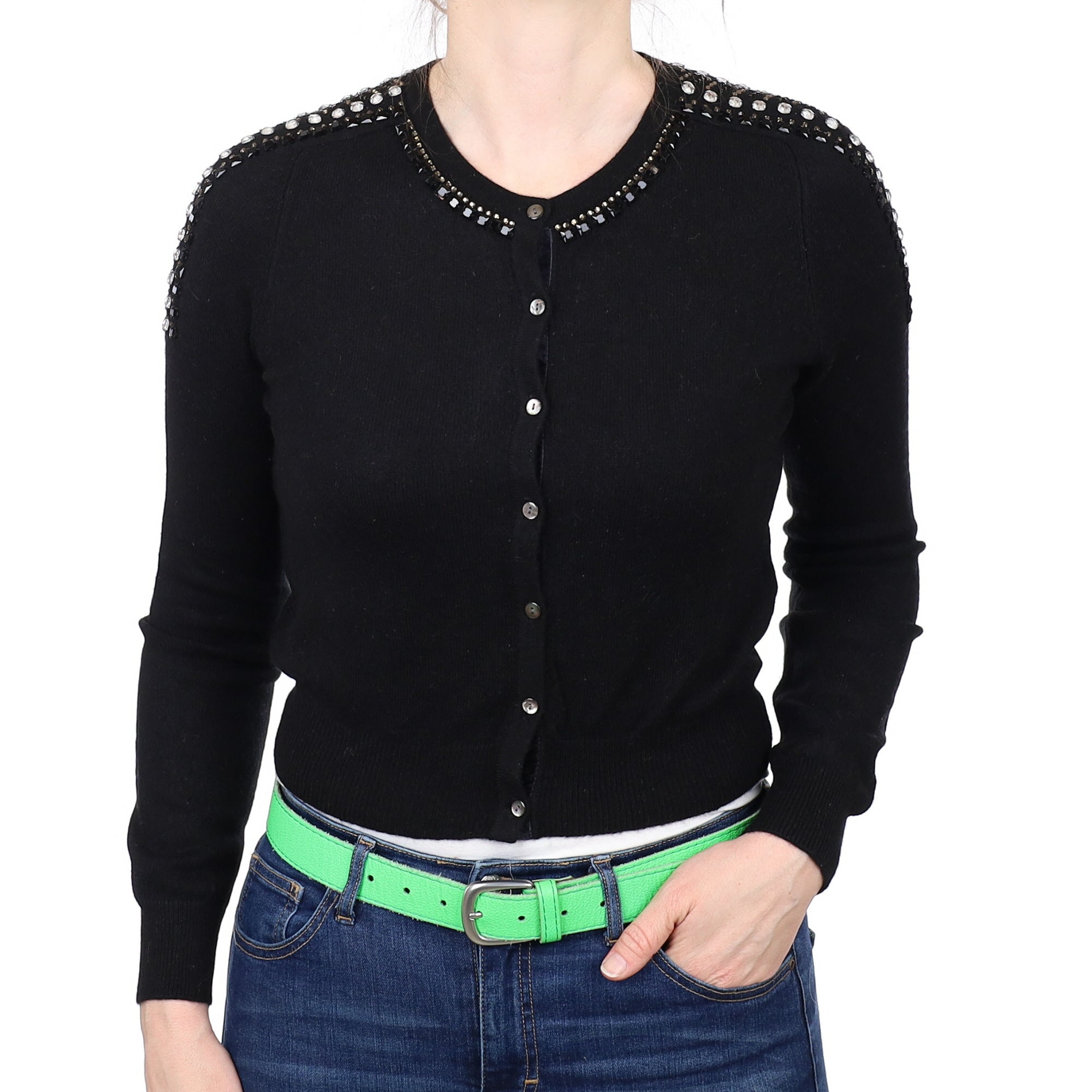 Black Jewel Embellished Cashmere Crew Neck Cardigan Small