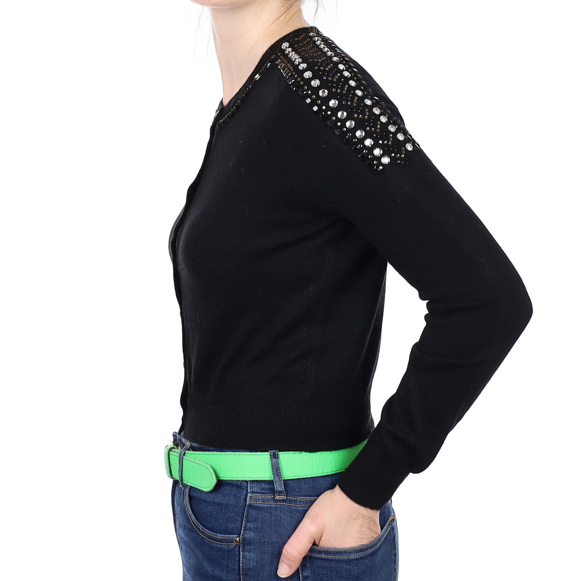 Black Jewel Embellished Cashmere Crew Neck Cardigan Small