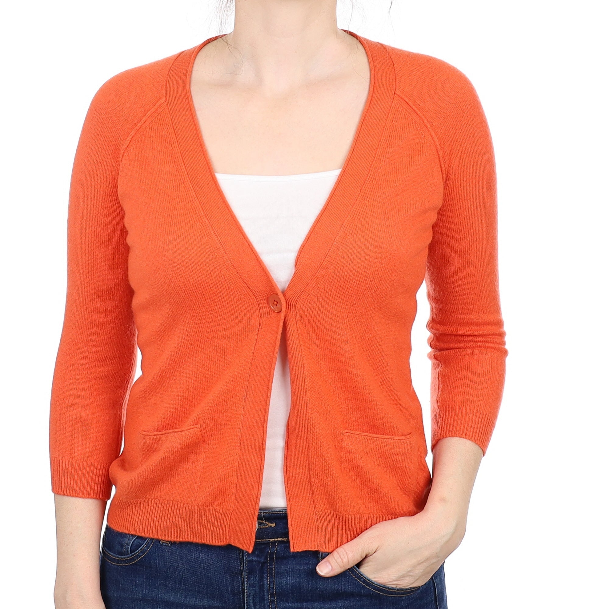 Tangerine Orange Cashmere V Neck Cardigan with Pockets Small