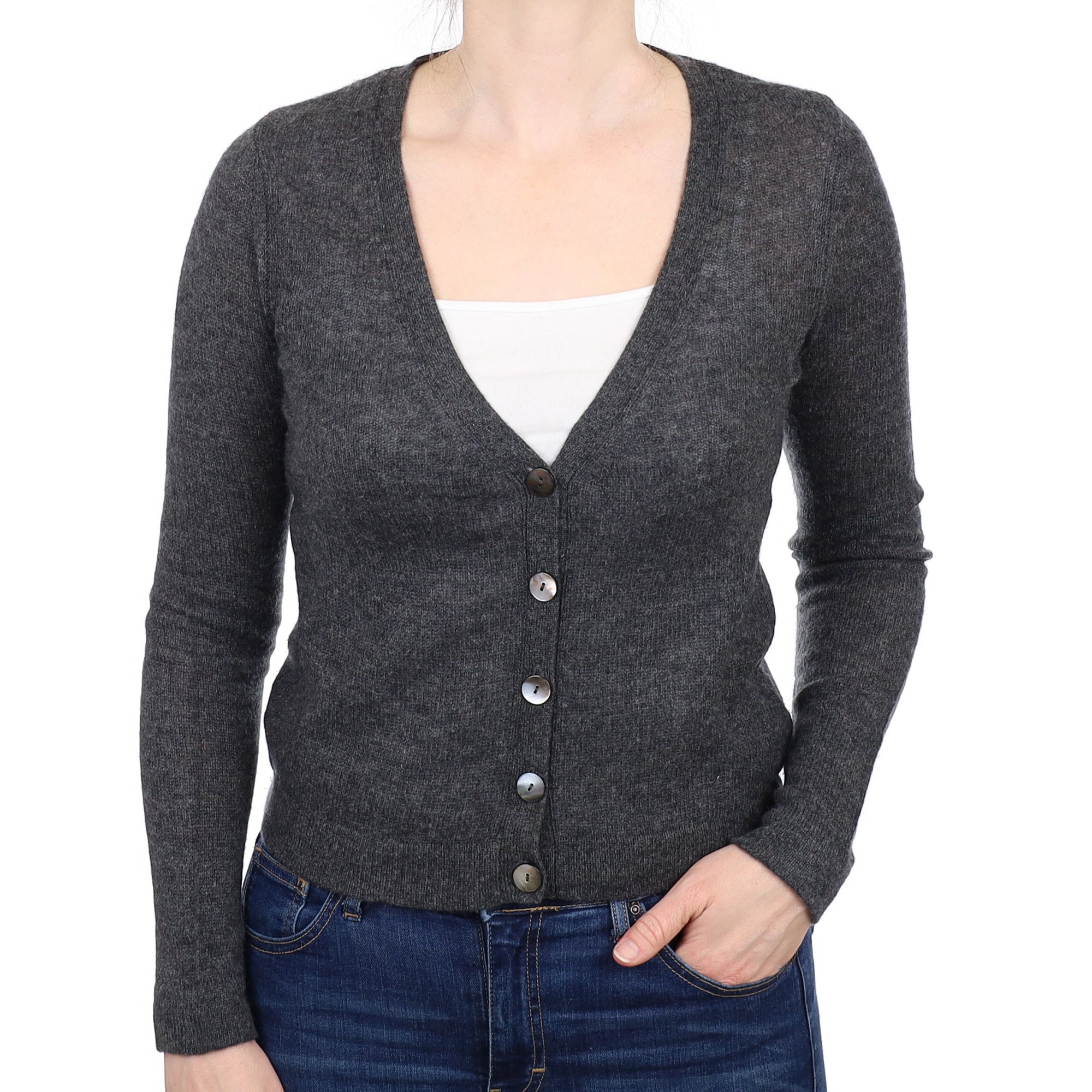 Charcoal Grey Lightweight Cashmere V Neck Cardigan Small