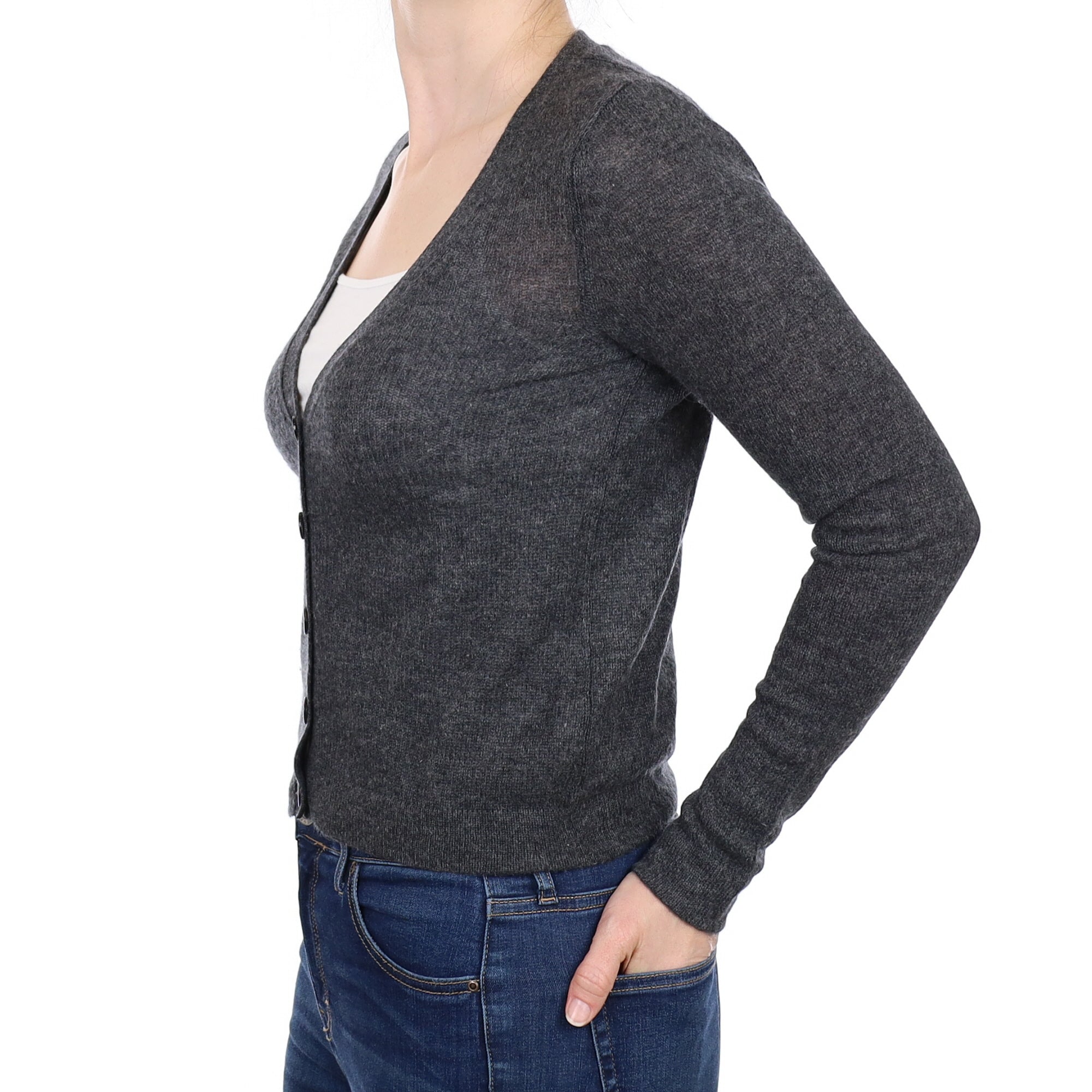 Charcoal Grey Lightweight Cashmere V Neck Cardigan Small
