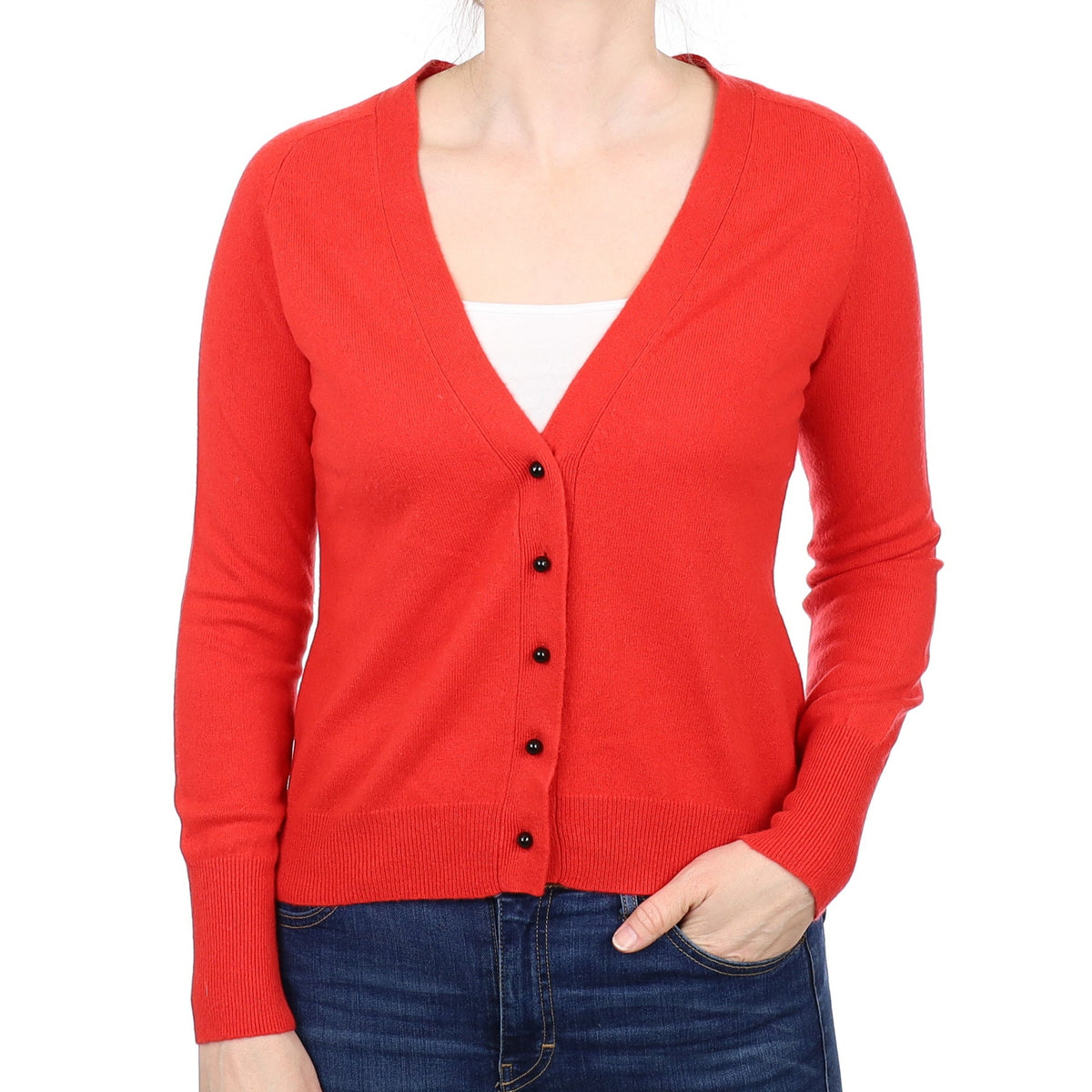 Jaeger Vermillion Red Cashmere V Neck Cardigan Small