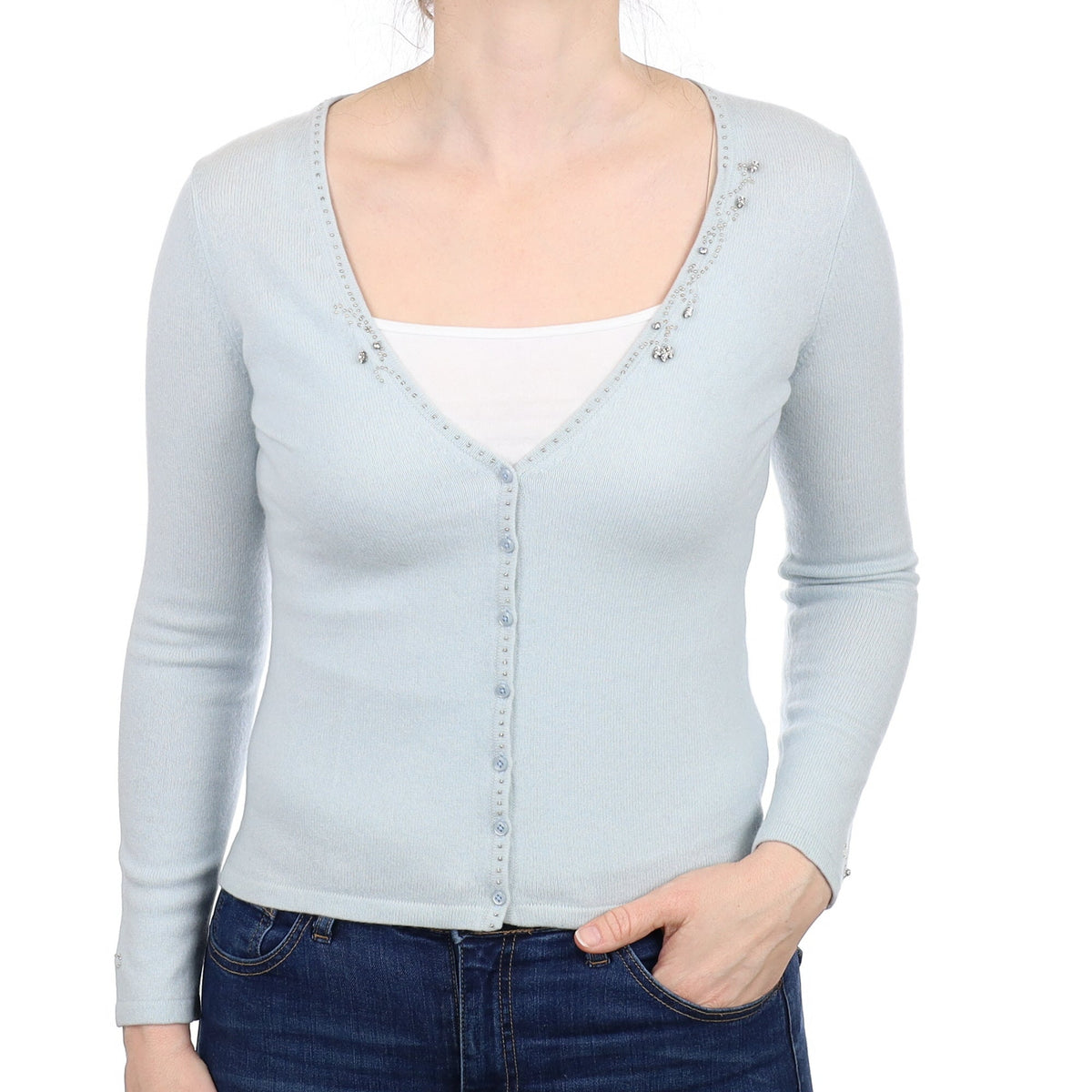 Ice Blue Diamanté Cashmere V Neck Cardigan Small