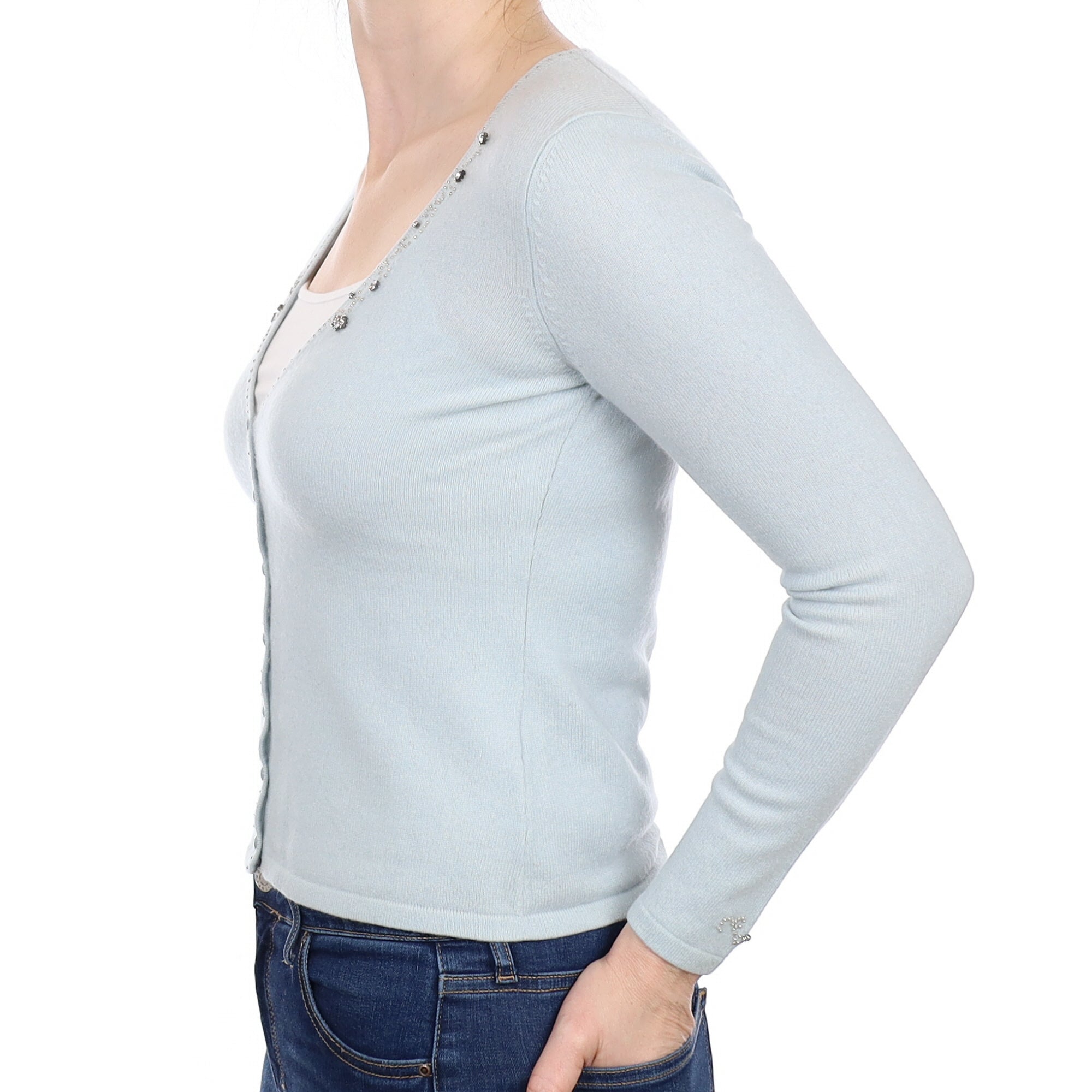 Ice Blue Diamanté Cashmere V Neck Cardigan Small
