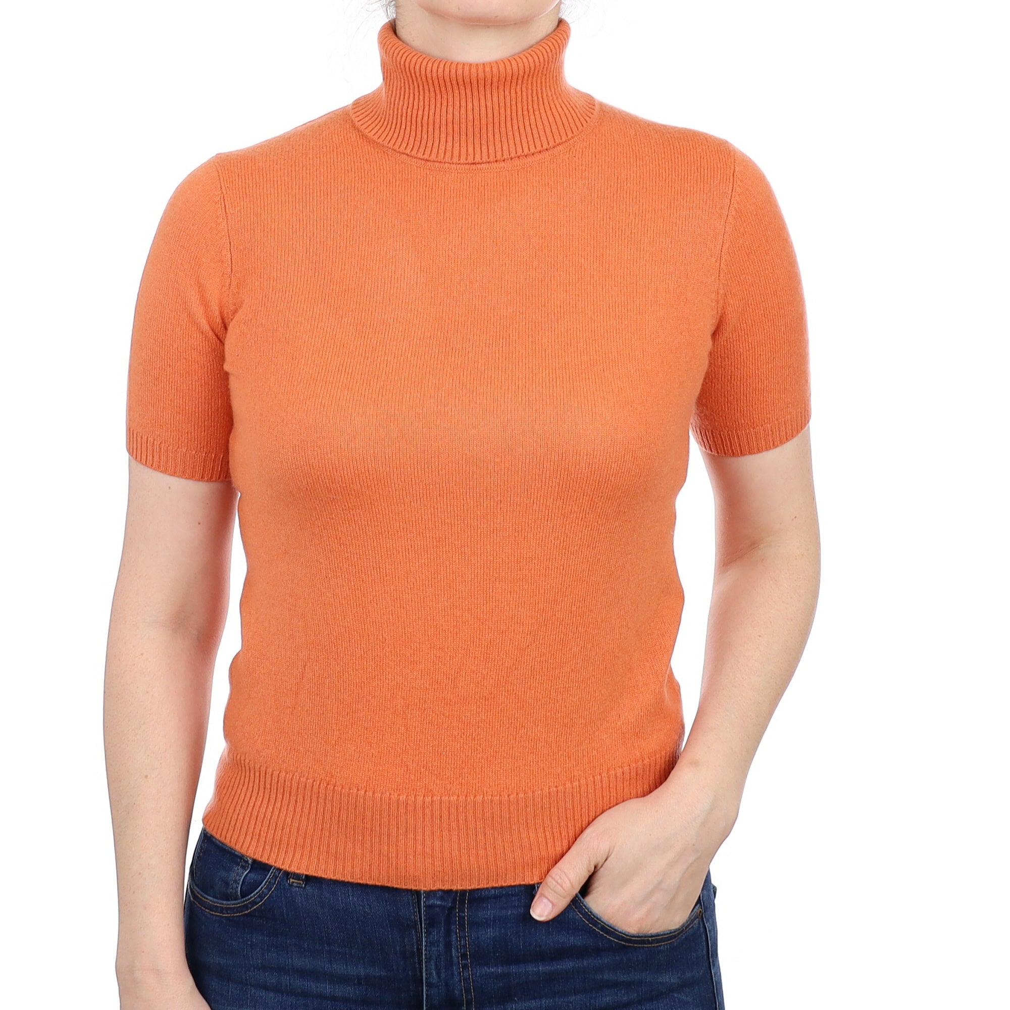 Sunset Orange Cashmere Short Sleeve Turtleneck Jumper Small